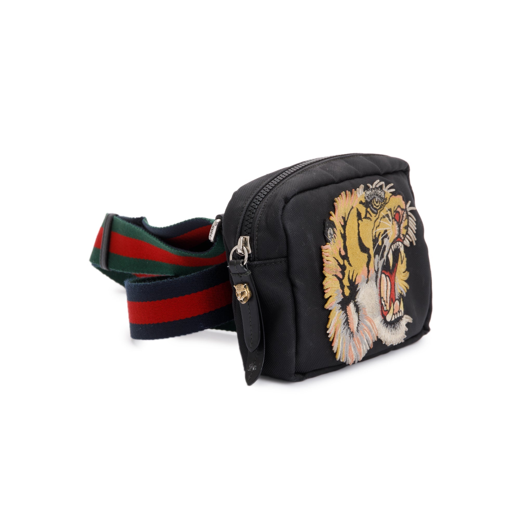 Gucci Small Black Techno Canvas Web Tiger Embroidered Belt Bag
