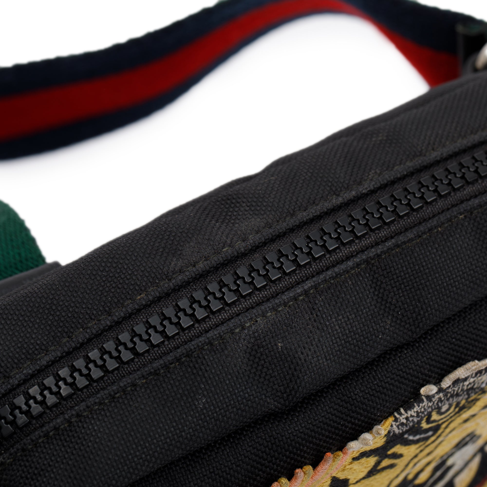 Gucci Small Black Techno Canvas Web Tiger Embroidered Belt Bag
