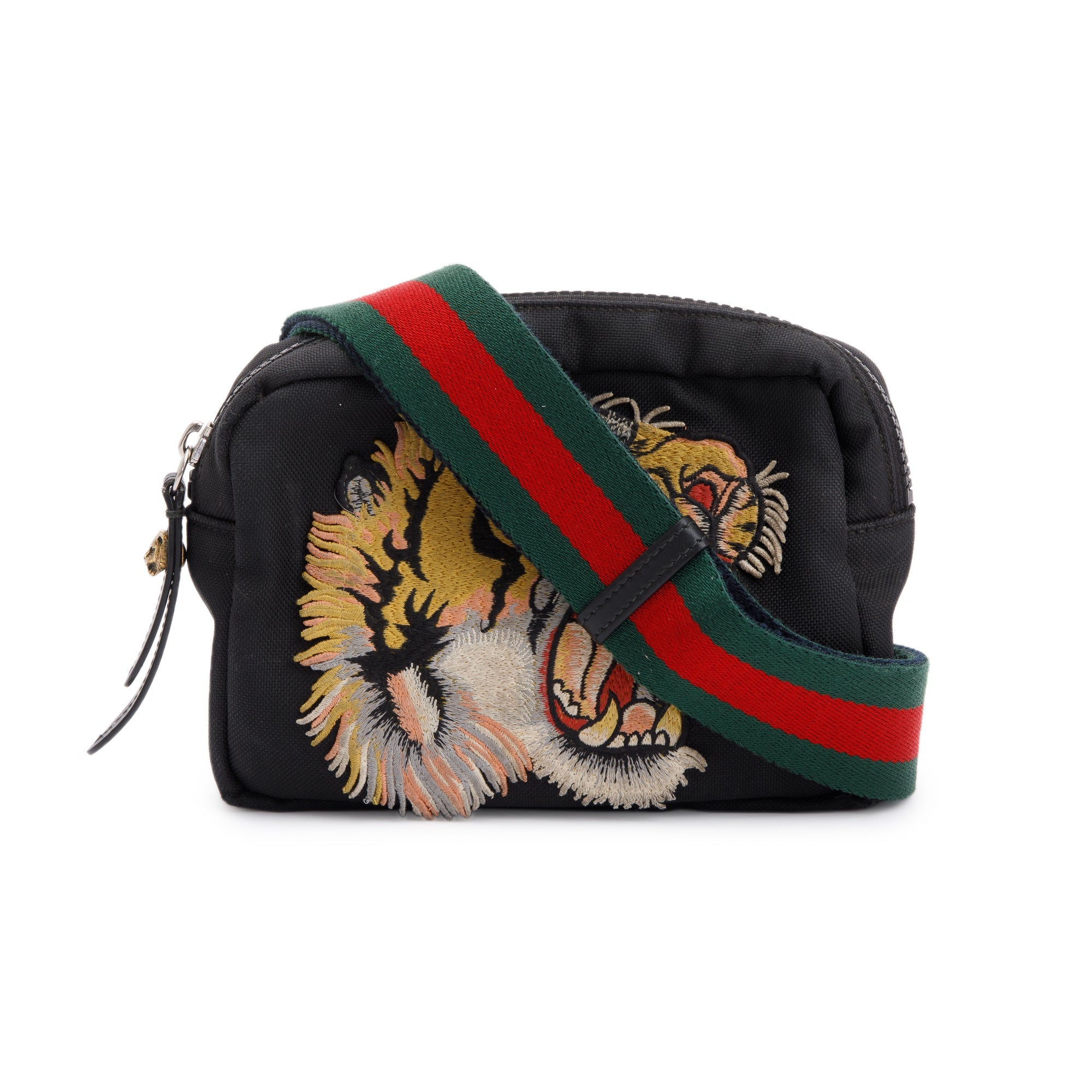 Gucci Small Black Techno Canvas Web Tiger Embroidered Belt Bag