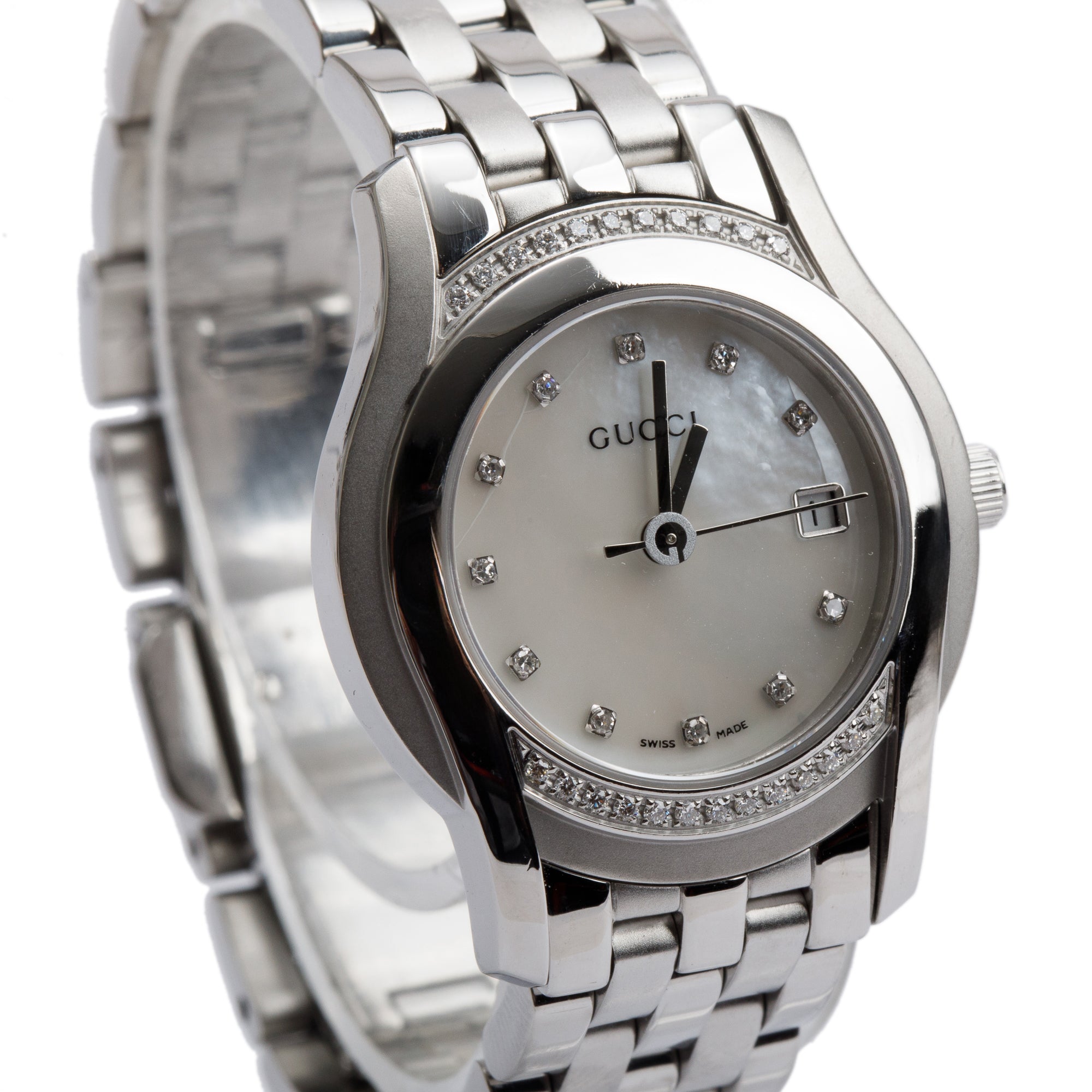 Gucci Stainless Steel 5500 Series Diamond Bezel & Diamond Mother of Pearl Dial 27 MM Watch