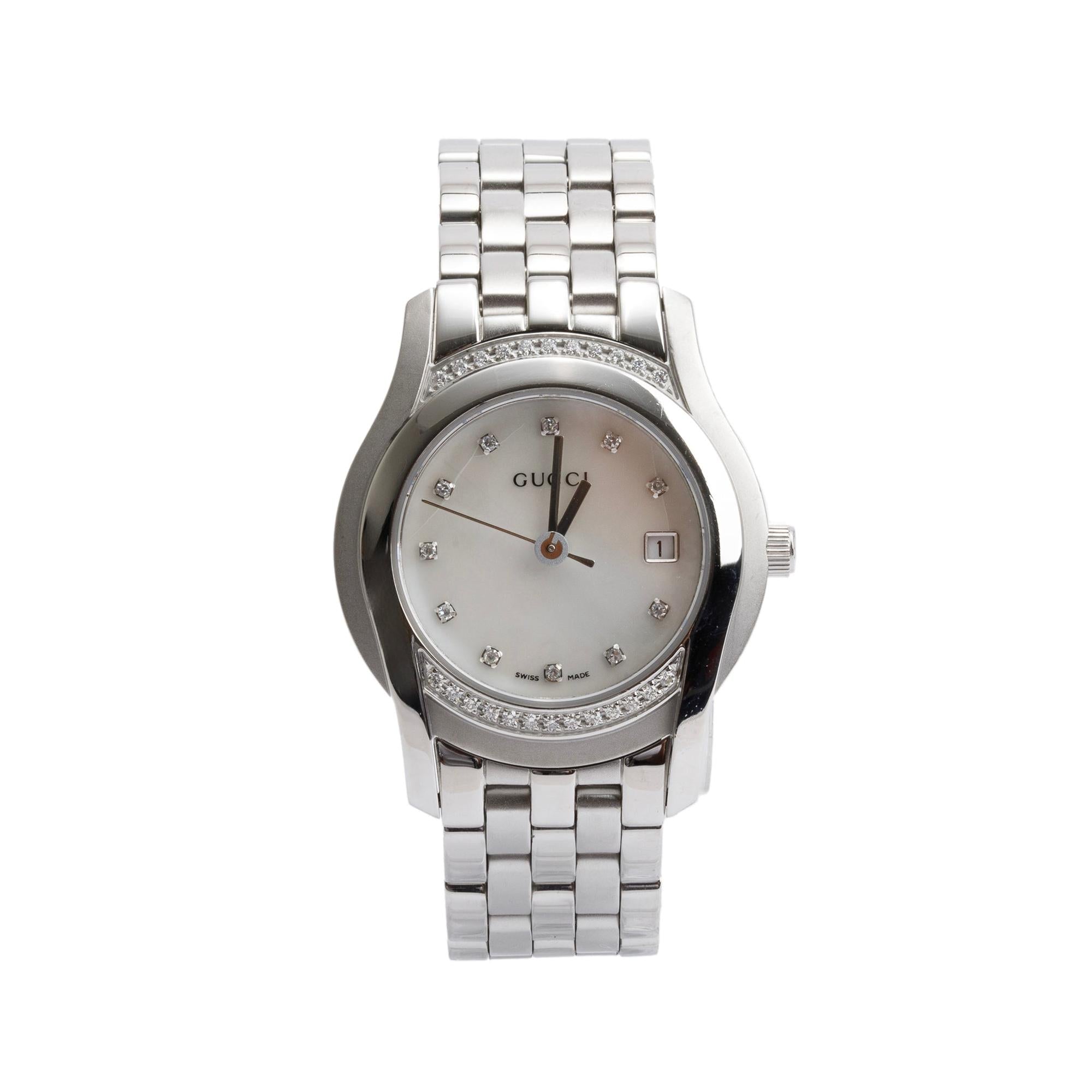 Gucci Stainless Steel 5500 Series Diamond Bezel & Diamond Mother of Pearl Dial 27 MM Watch