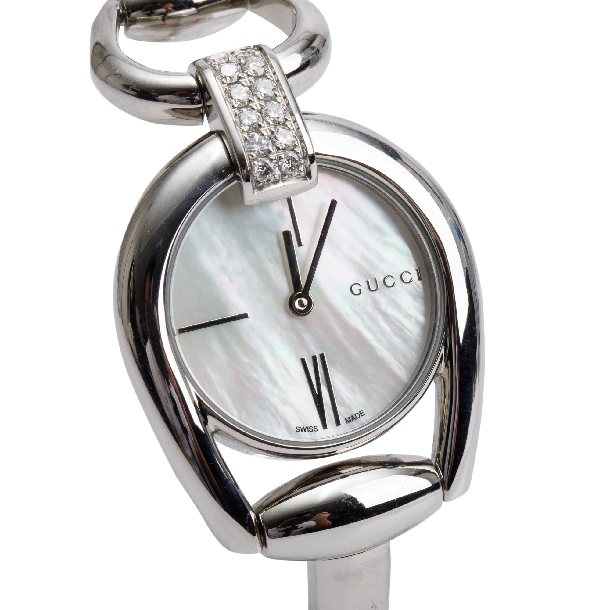 Gucci Stainless Steel Diamond Bezel Mother of Pearl Dial Horsebit 28 MM Quartz Watch
