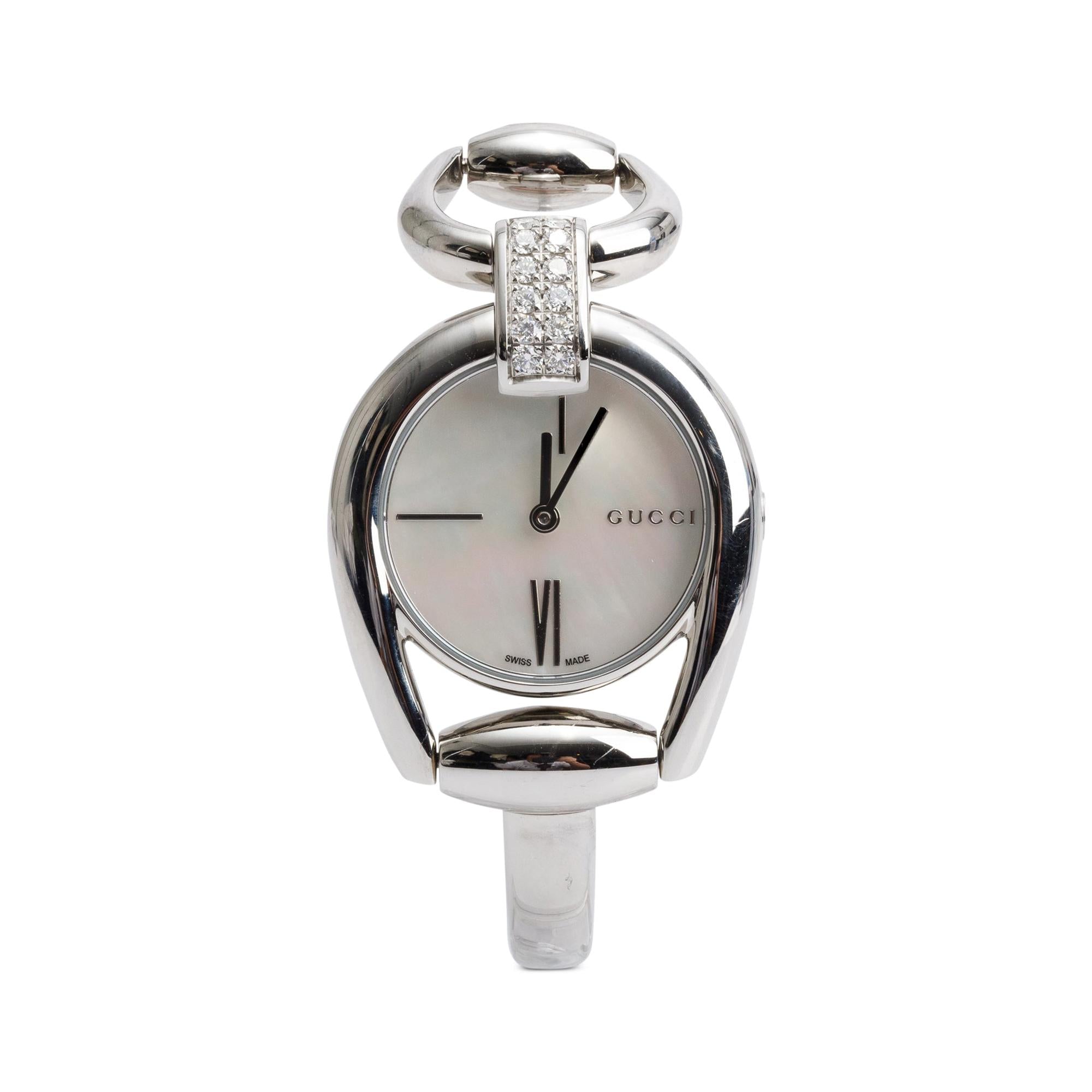 Gucci Stainless Steel Diamond Bezel Mother of Pearl Dial Horsebit 28 MM Quartz Watch