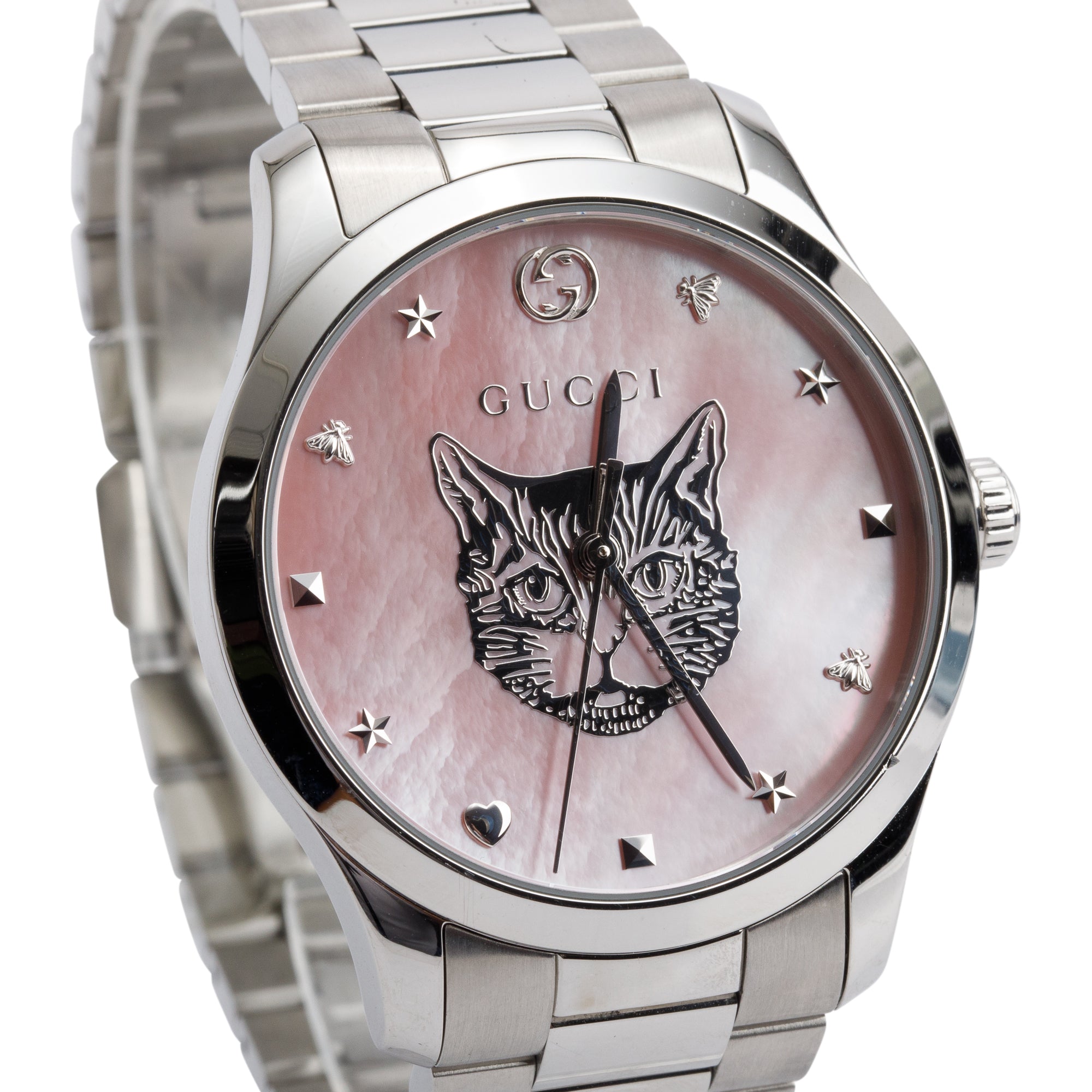 Gucci Stainless Steel G-Timeless Pink Mother of Pearl Feline Dial 38 MM Quartz Watch