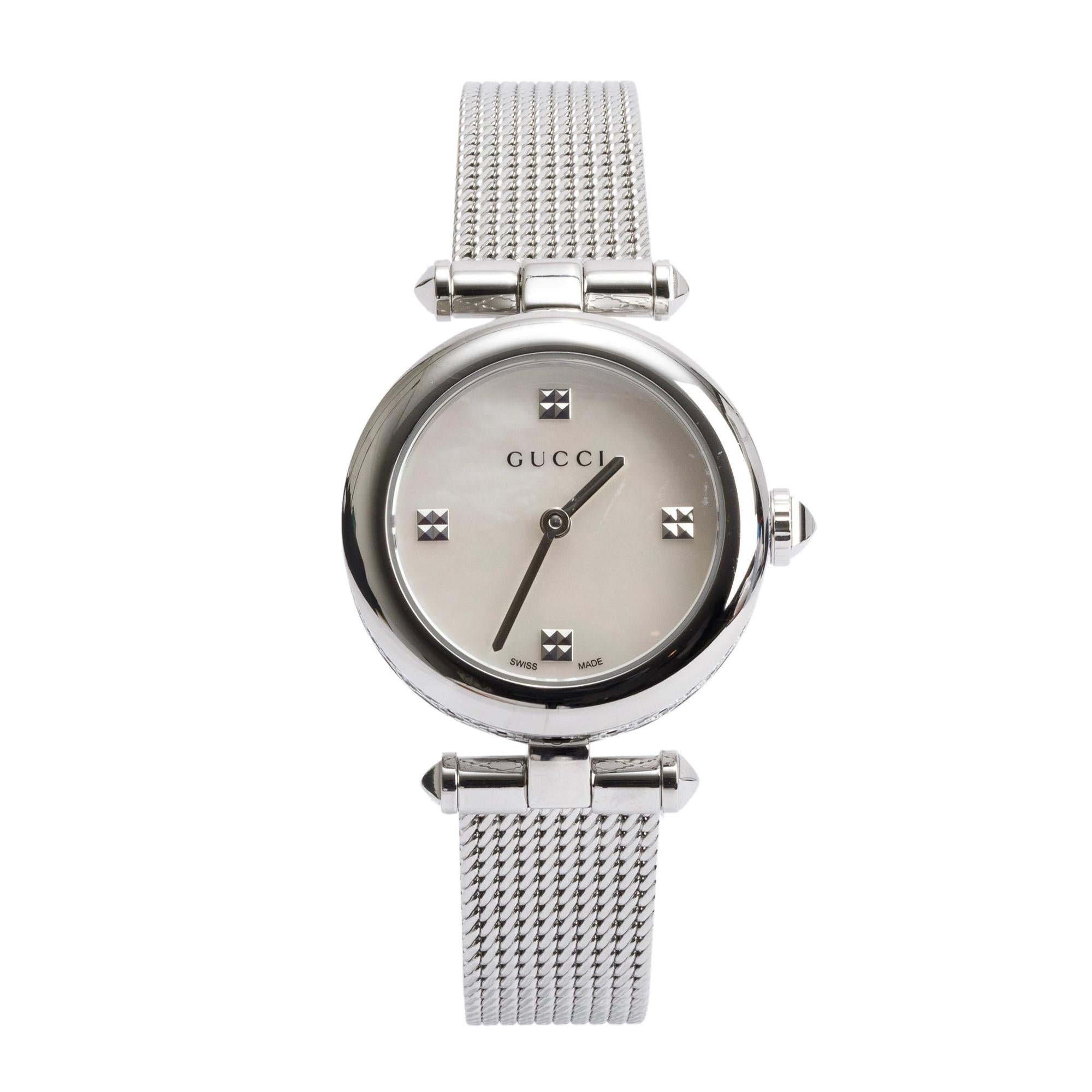 Gucci Stainless Steel Mother of Pearl Dial Diamantissima 27 MM Watch 141.5 w/ Box