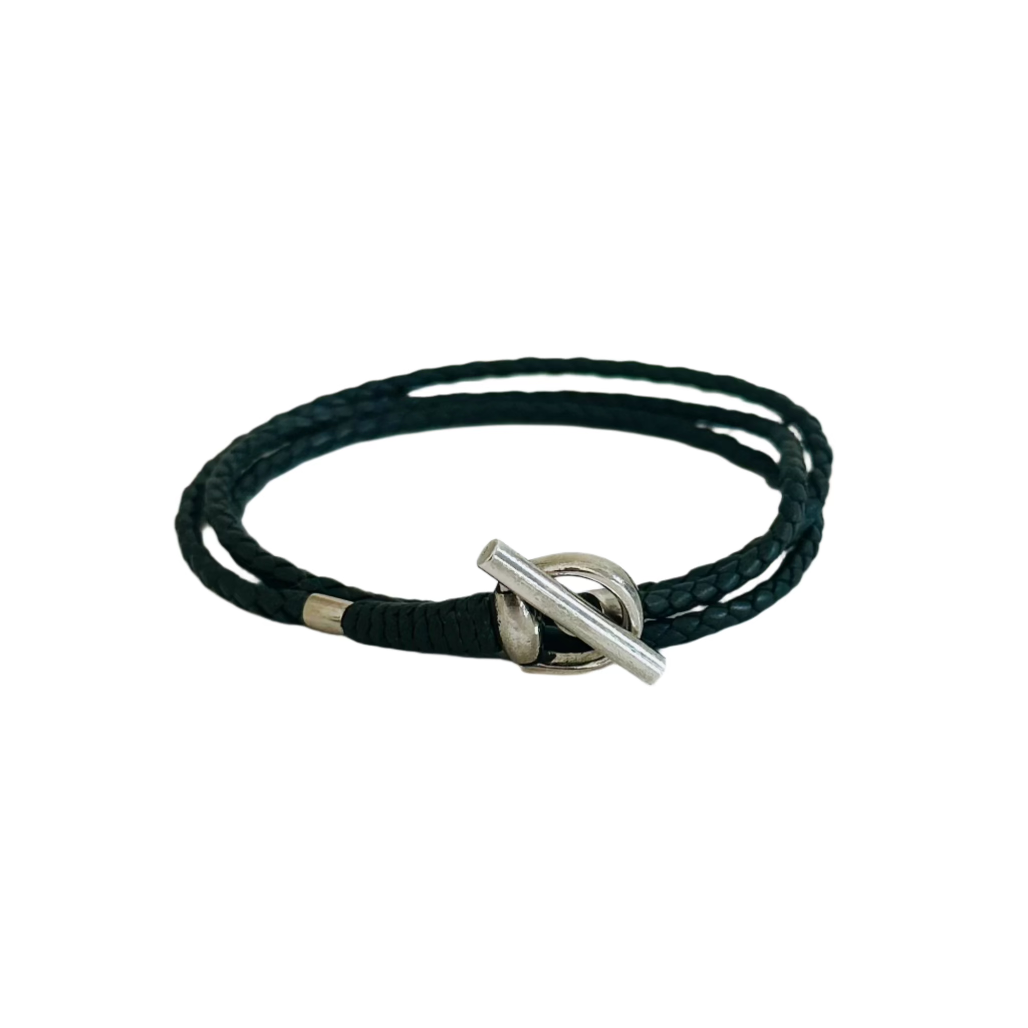Gucci Sterling Silver Black Woven Leather Horsebit Wrap Bracelet