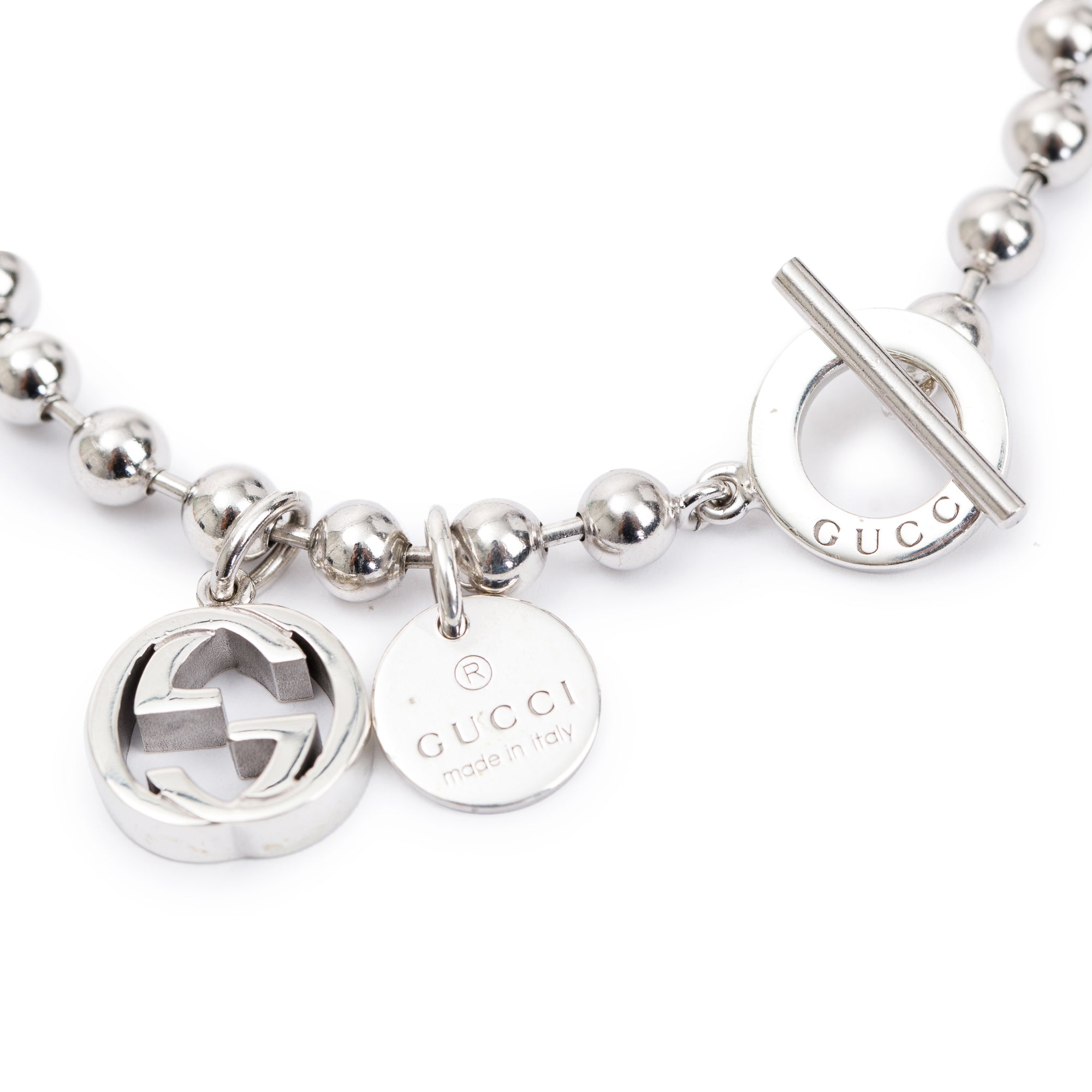 Gucci Sterling Silver Boule Chain & Charms Toggle Bracelet