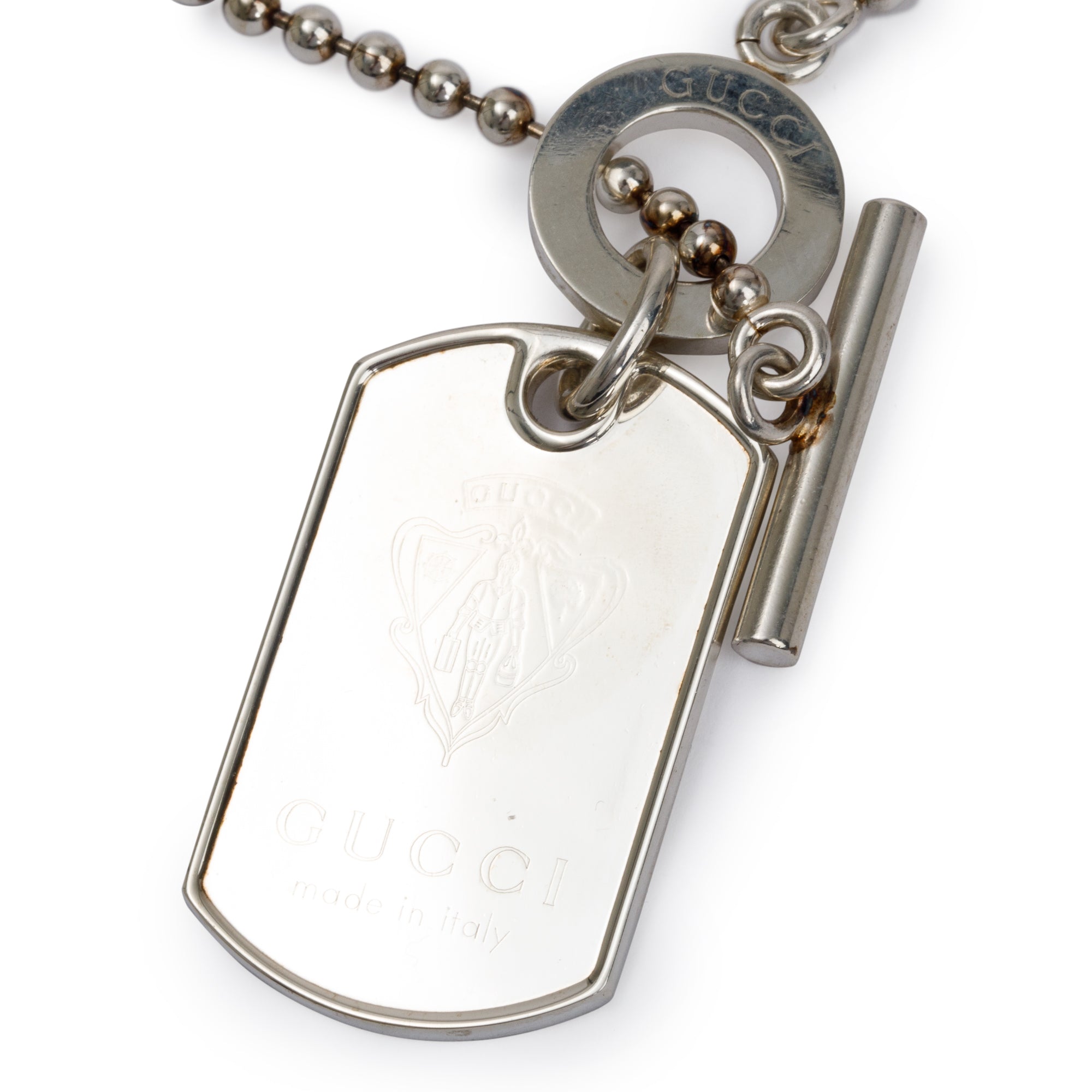 Gucci Sterling Silver Crest Dog Tag Pendant Toggle Necklace
