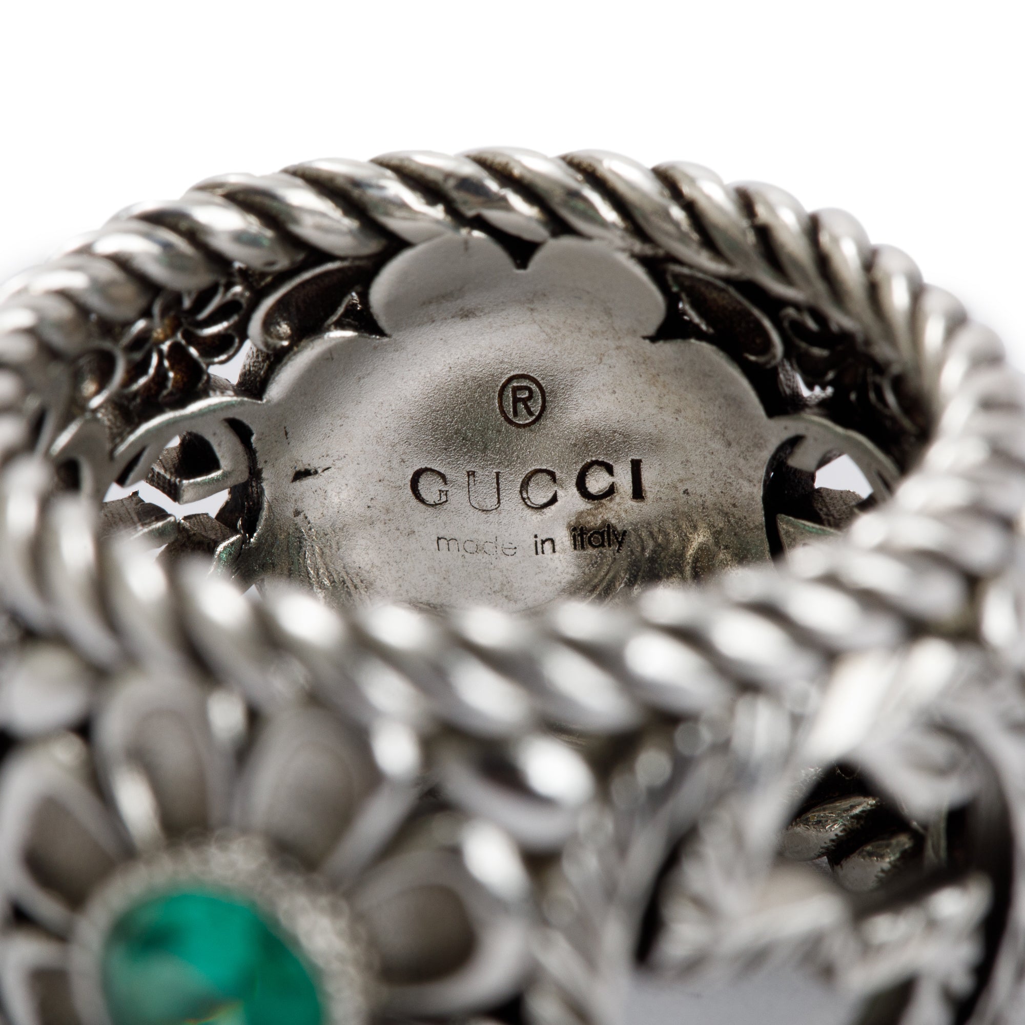 Gucci Sterling Silver Crystal Interlocking G Flower Ring, Size 16 7.5