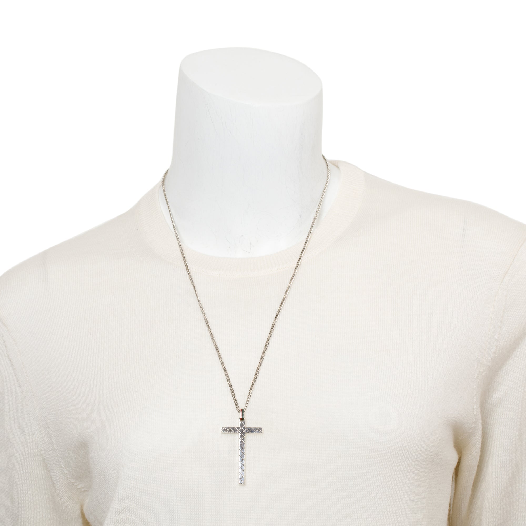 Gucci Sterling Silver Enamel Diamante Cross Pendant Necklace