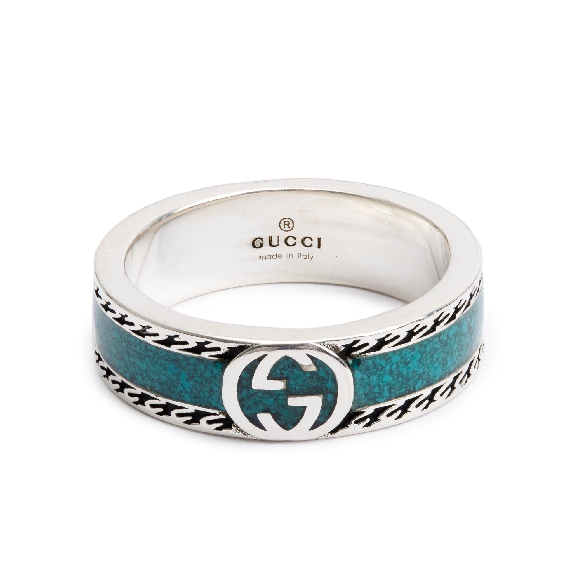 Gucci Sterling Silver Enamel Interlocking G Ring, Size 15 7