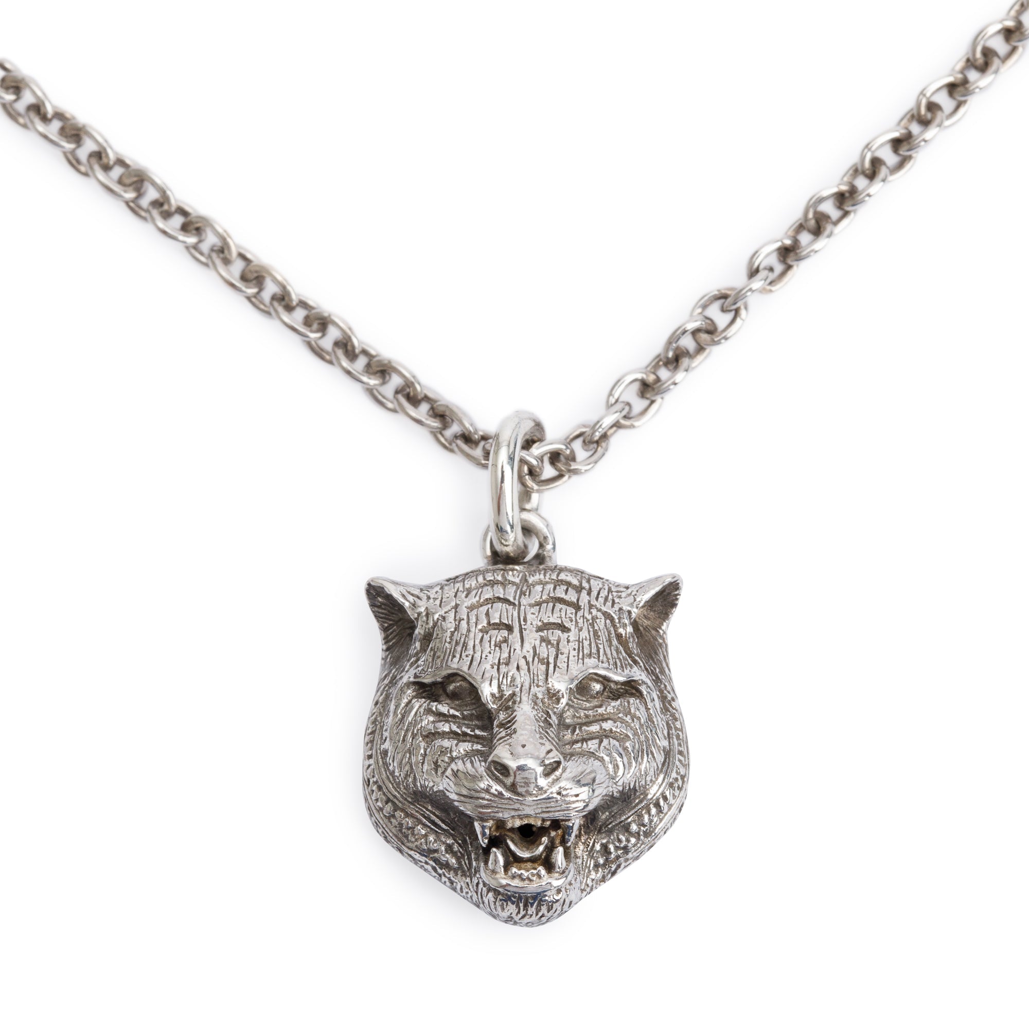 Gucci Sterling Silver Feline Head Pendant Necklace w/ Box
