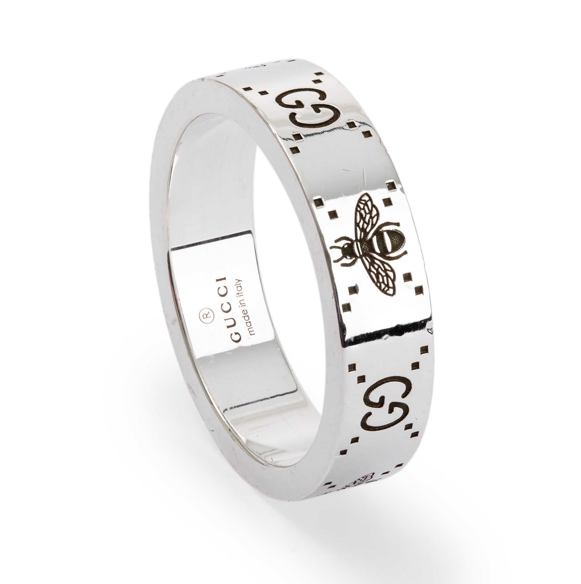 Gucci Sterling Silver GG and Bee Engraved Ring