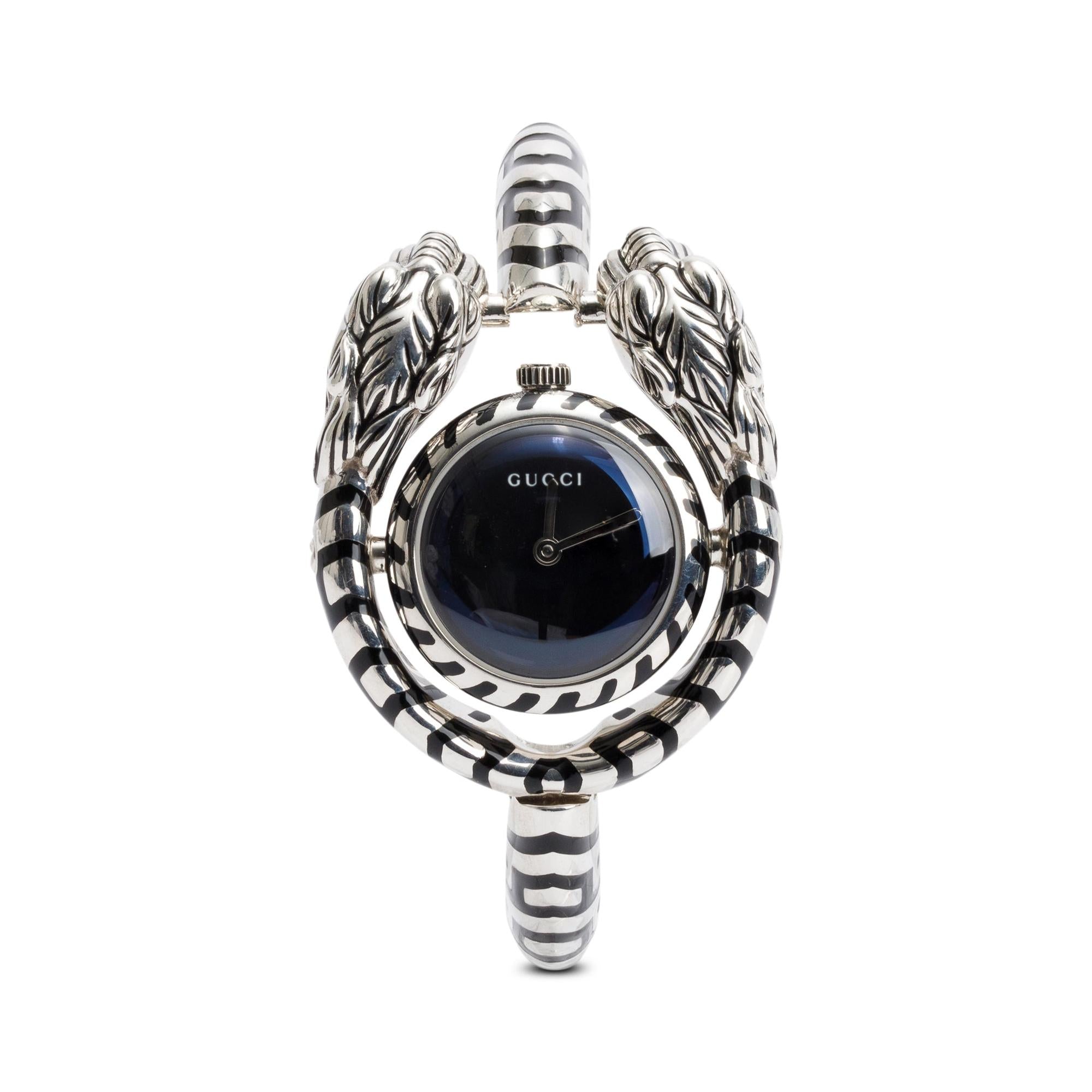 Gucci Sterling Silver Greek God Dionysus Black Mother of Pearl Dial 23 MM Quartz Watch