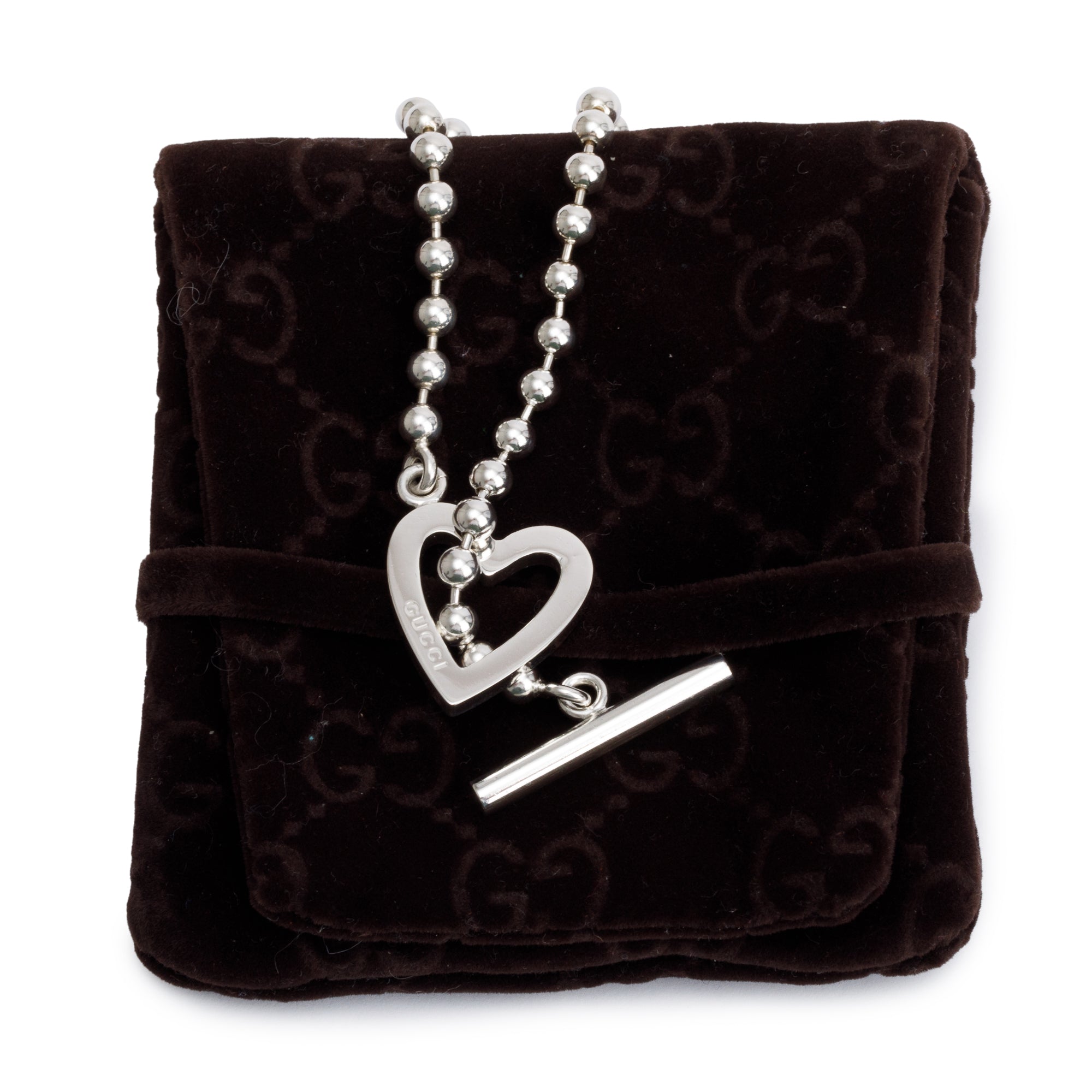 Gucci Sterling Silver Heart Toggle Bead Necklace