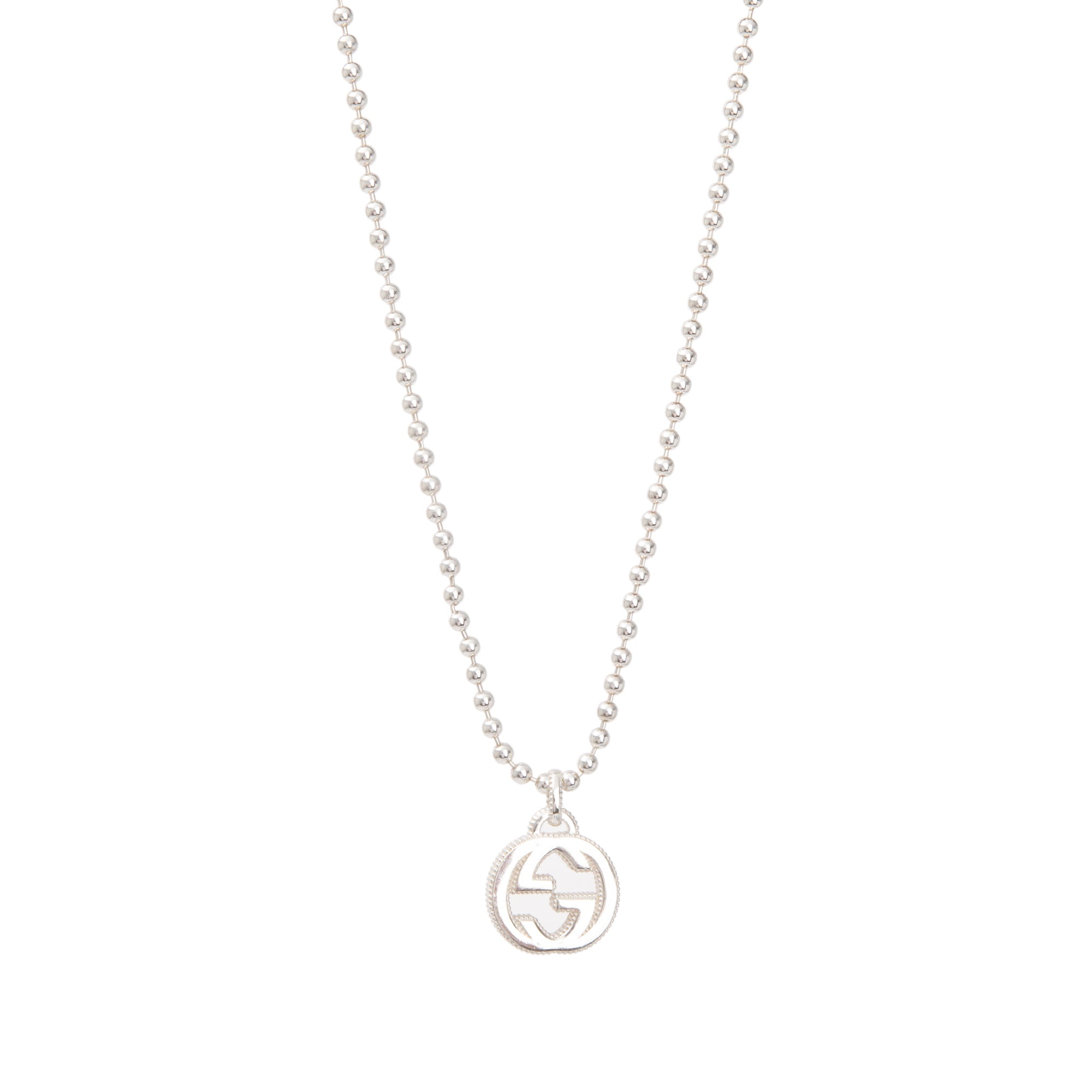 Gucci Sterling Silver Interlocking G Pendant Bead Necklace w/ Box