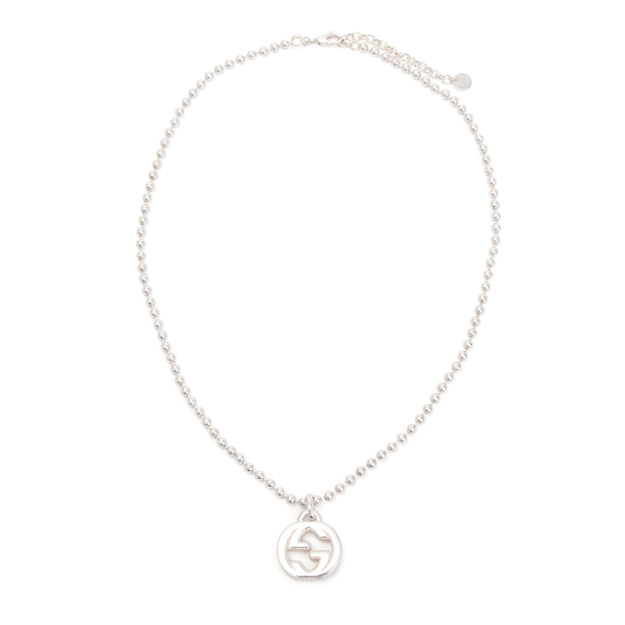 Gucci Sterling Silver Interlocking G Pendant Bead Necklace w/ Box