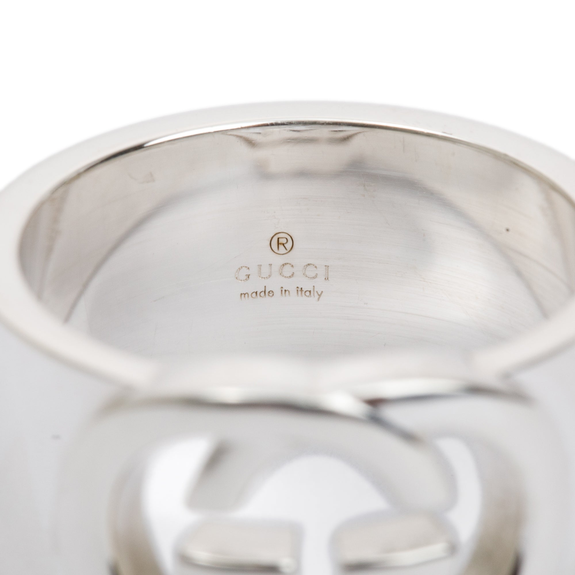 Gucci Sterling Silver Interlocking G Wide Ring, Size 7.5 w/ Box