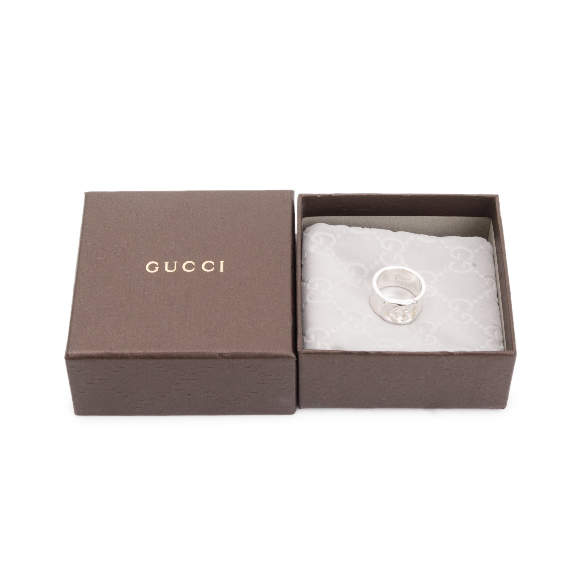 Gucci Sterling Silver Interlocking G Wide Ring, Size 7.5 w/ Box