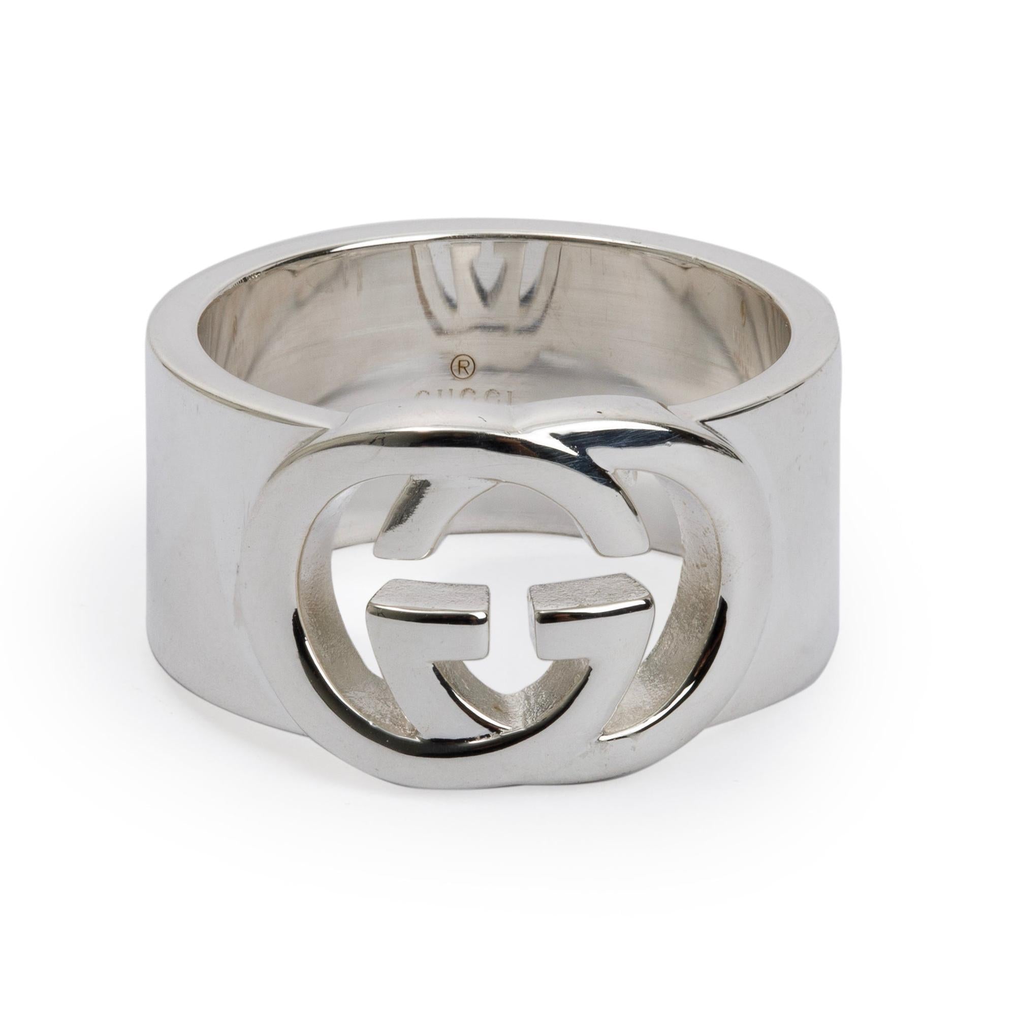Gucci Sterling Silver Interlocking G Wide Ring, Size 7.5 w/ Box