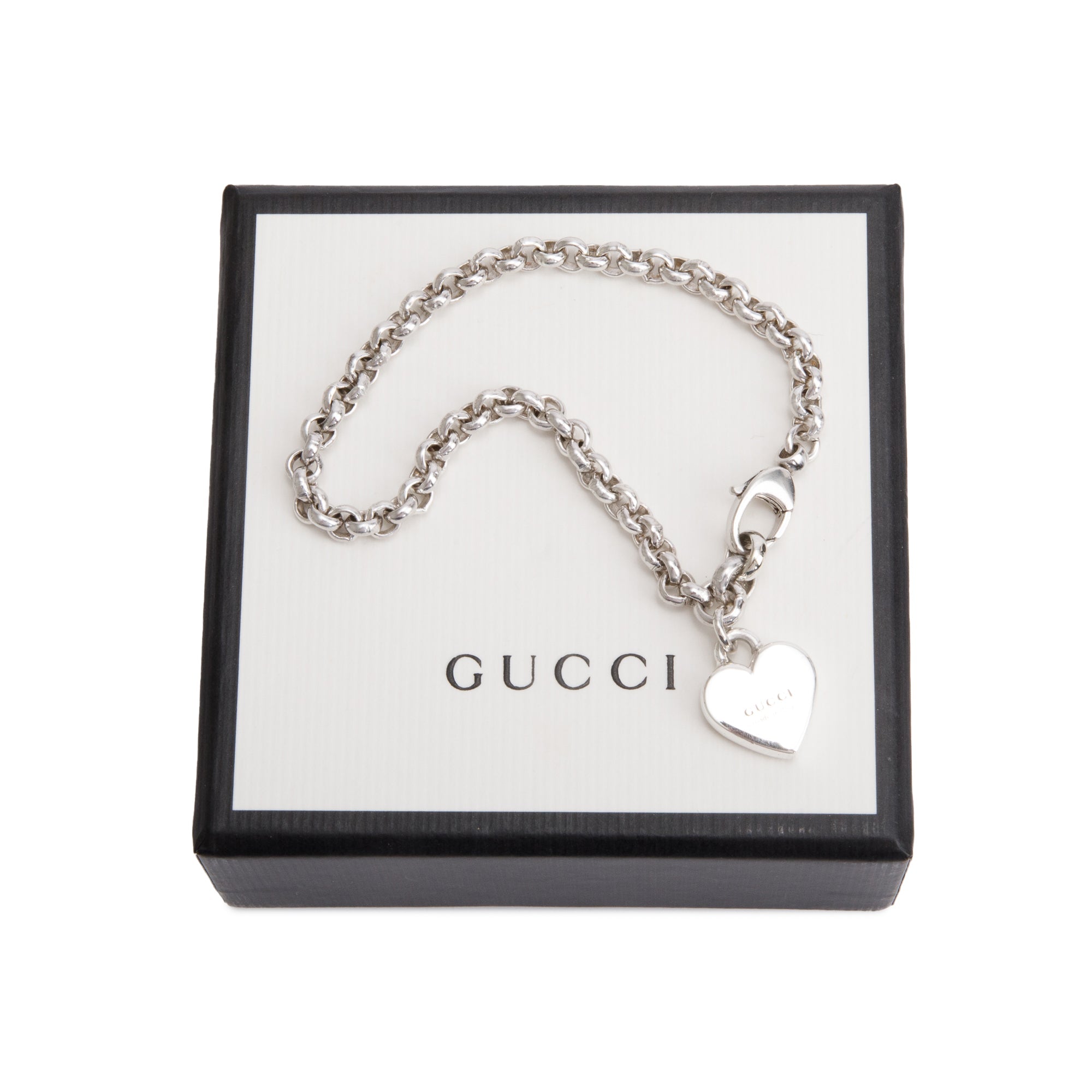 Gucci Sterling Silver Logo Heart Charm Bracelet w/ Box