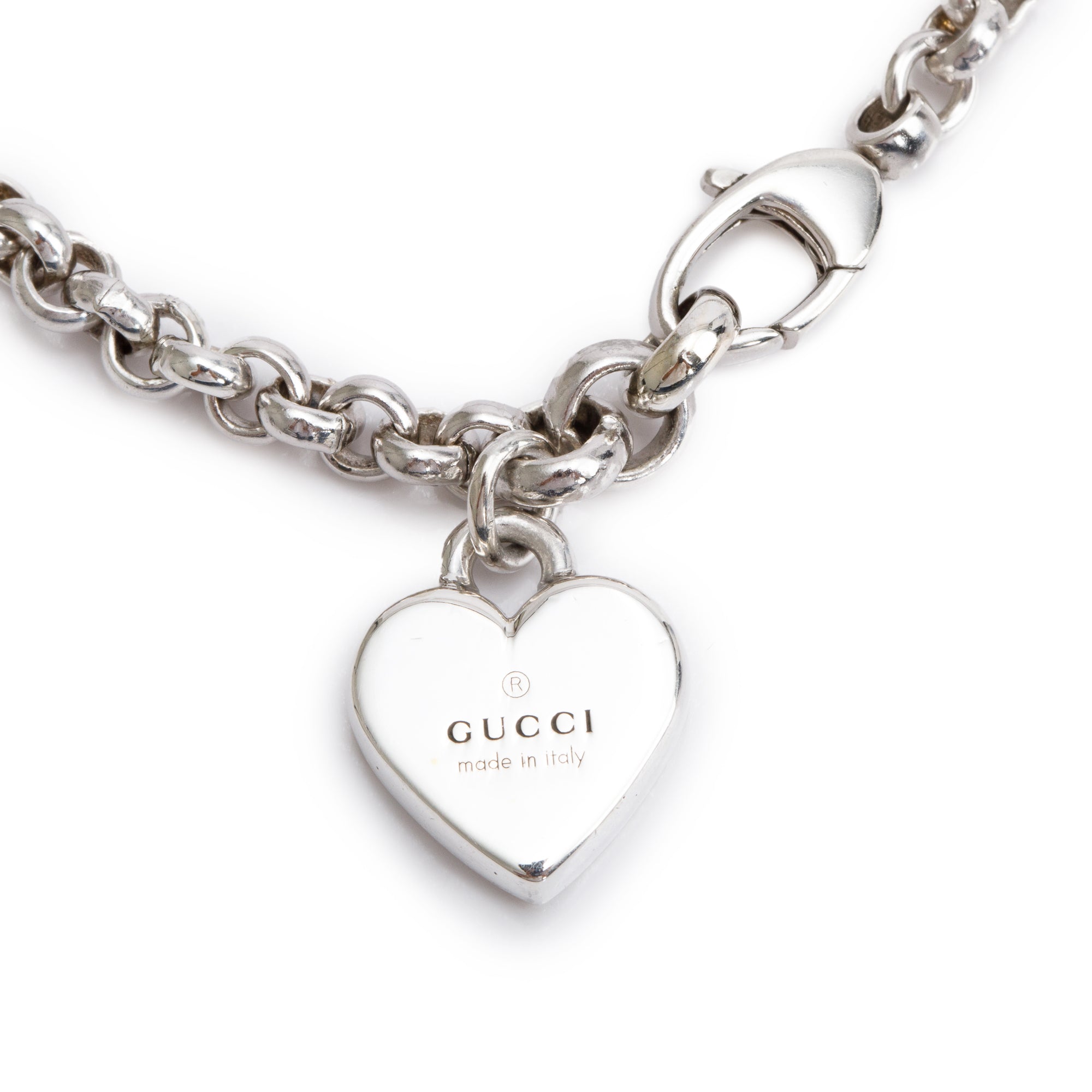 Gucci Sterling Silver Logo Heart Charm Bracelet w/ Box