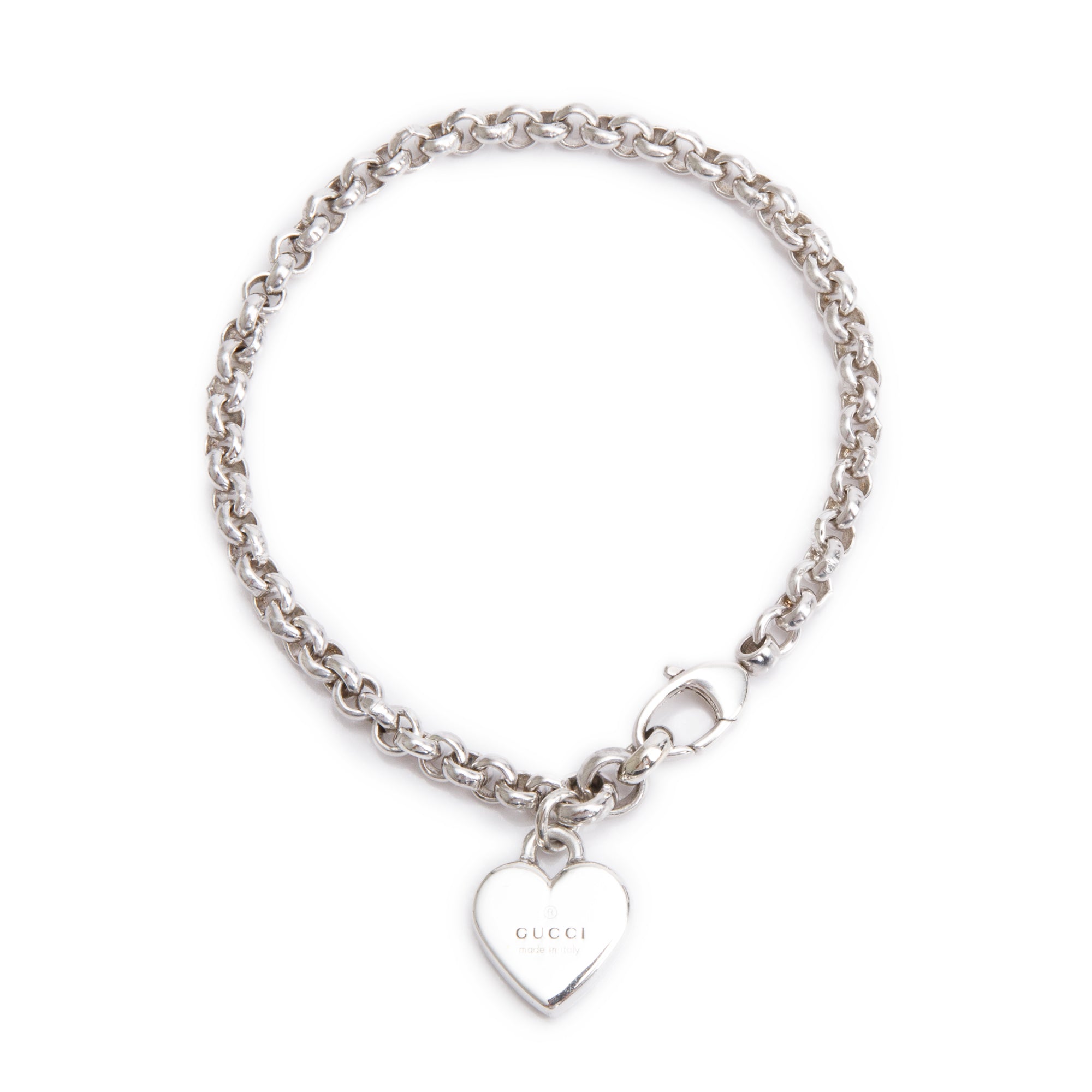Gucci Sterling Silver Logo Heart Charm Bracelet w/ Box