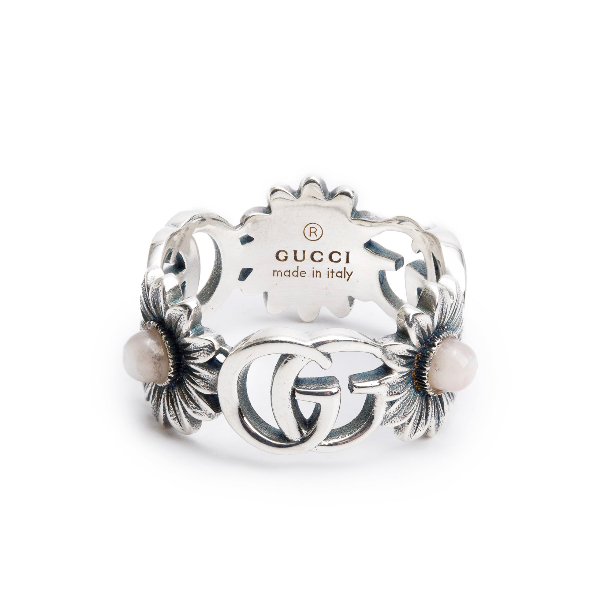 Gucci Sterling Silver Pink Mother of Pearl Double G Ring, Size 11 5.5