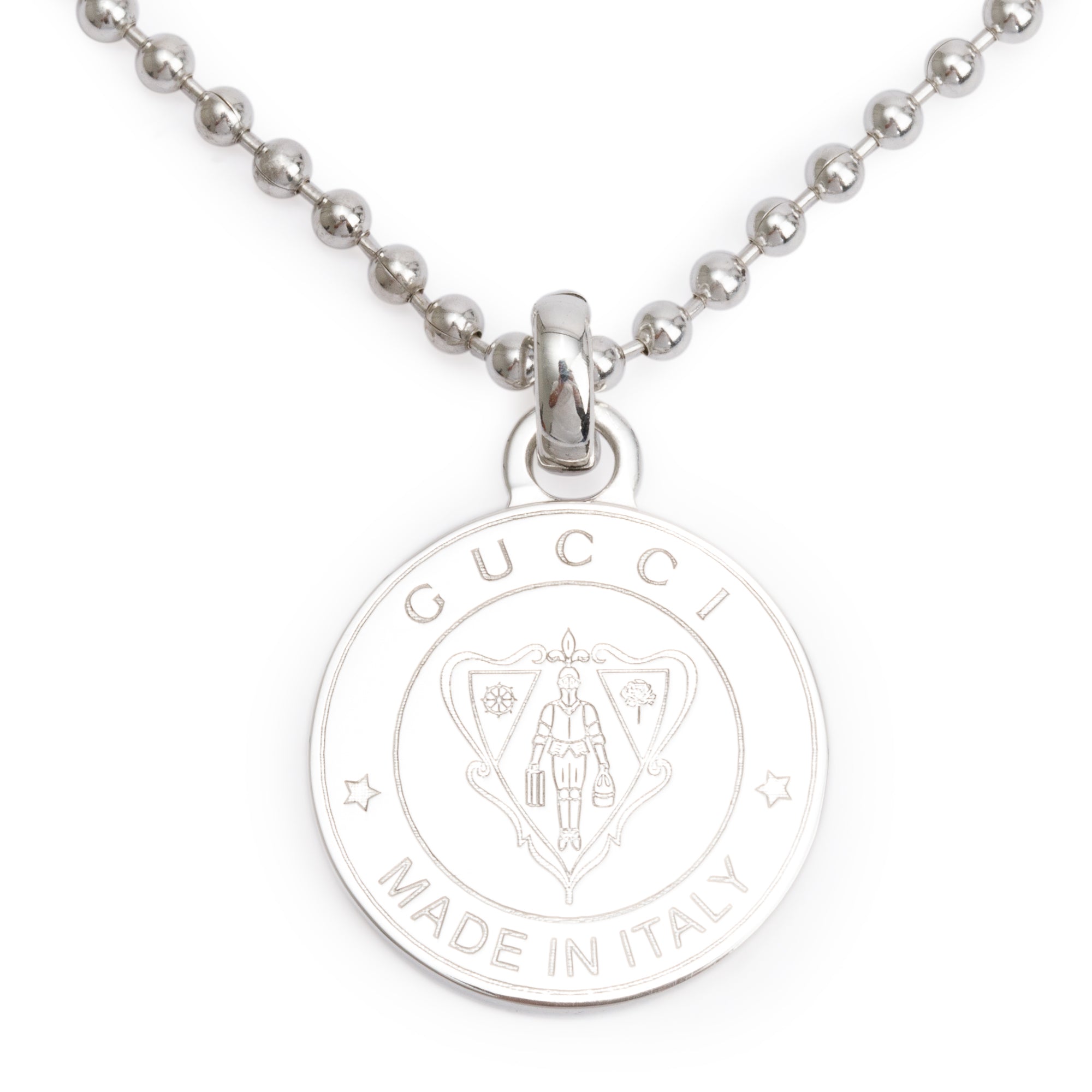 Gucci Sterling Silver Round Crest Pendant Necklace