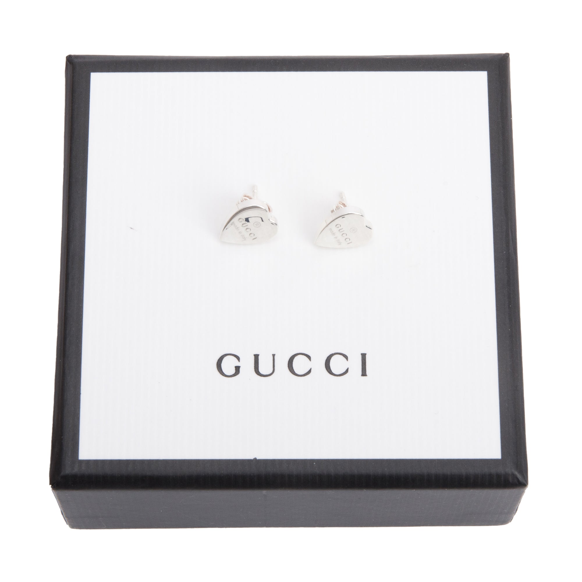 Gucci Sterling Silver Trademark Heart Stud Earrings w/ Box