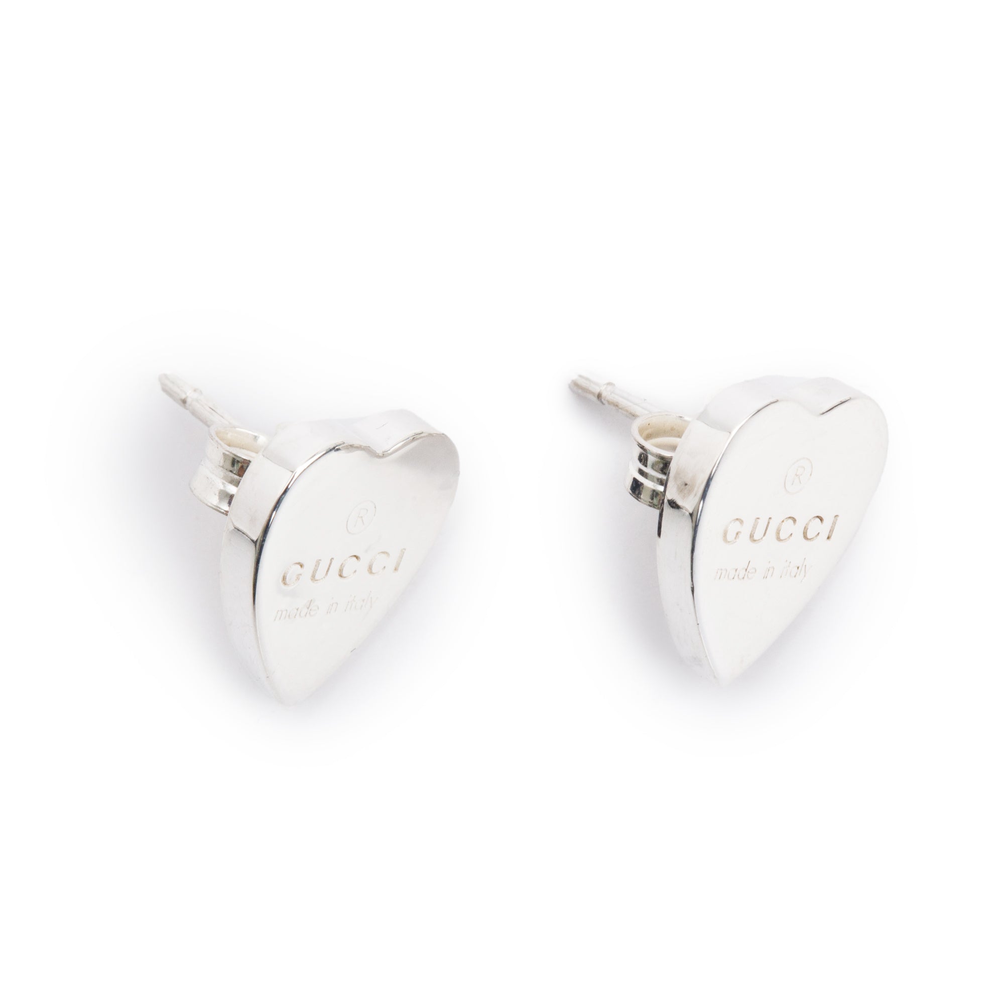 Gucci Sterling Silver Trademark Heart Stud Earrings w/ Box