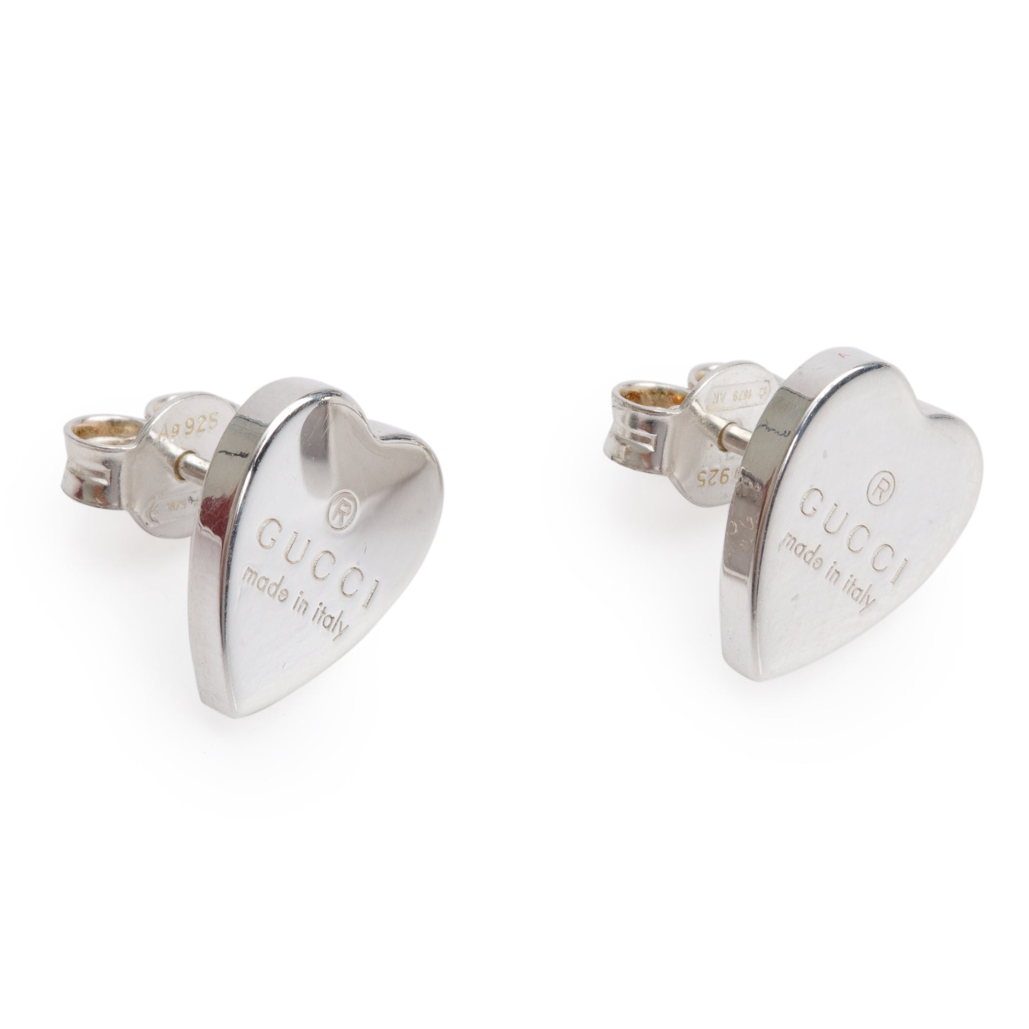 Gucci Sterling Silver Trademark Heart Stud Earrings w/ Box