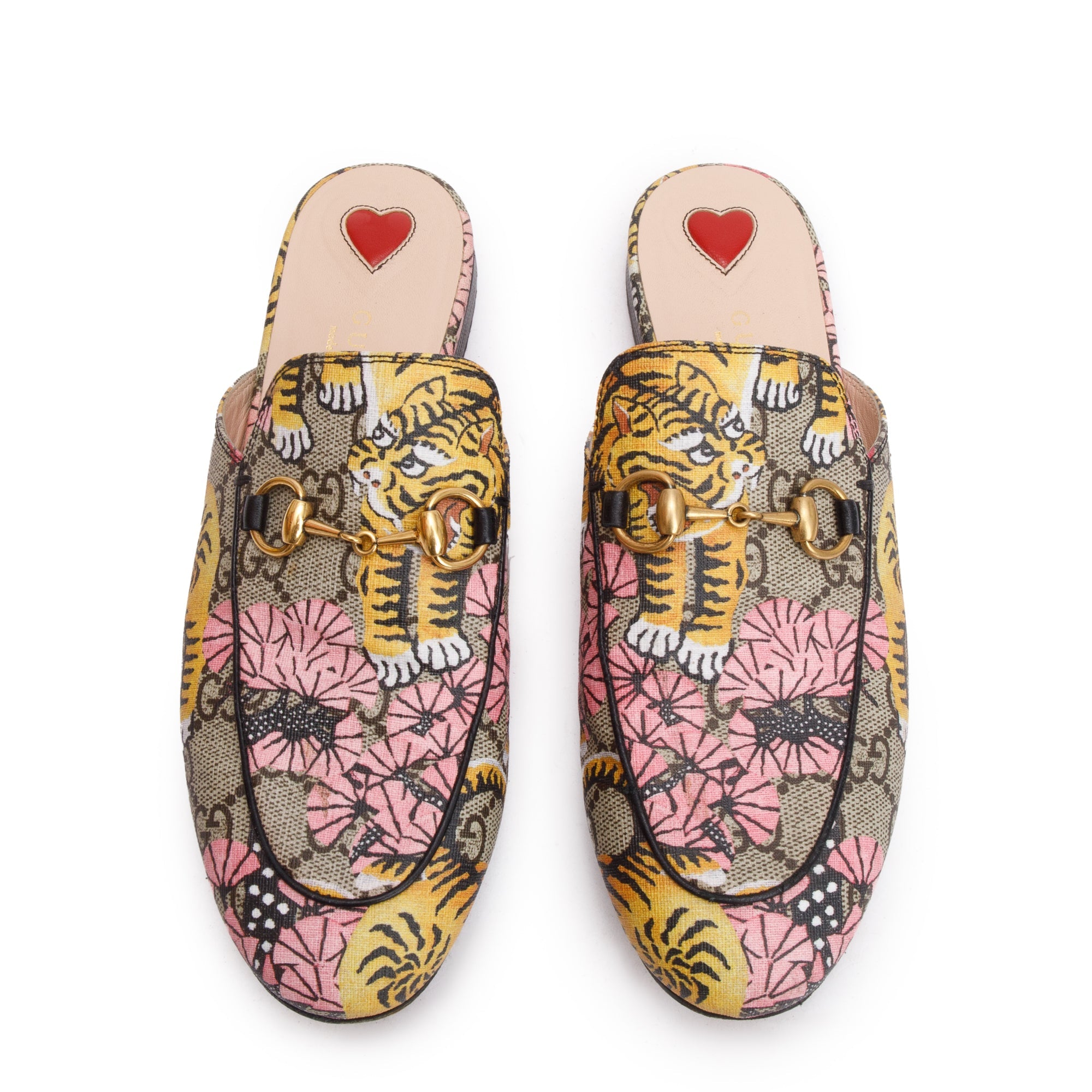 Gucci Tiger Print GG Supreme Horsebit Mules, Size 36