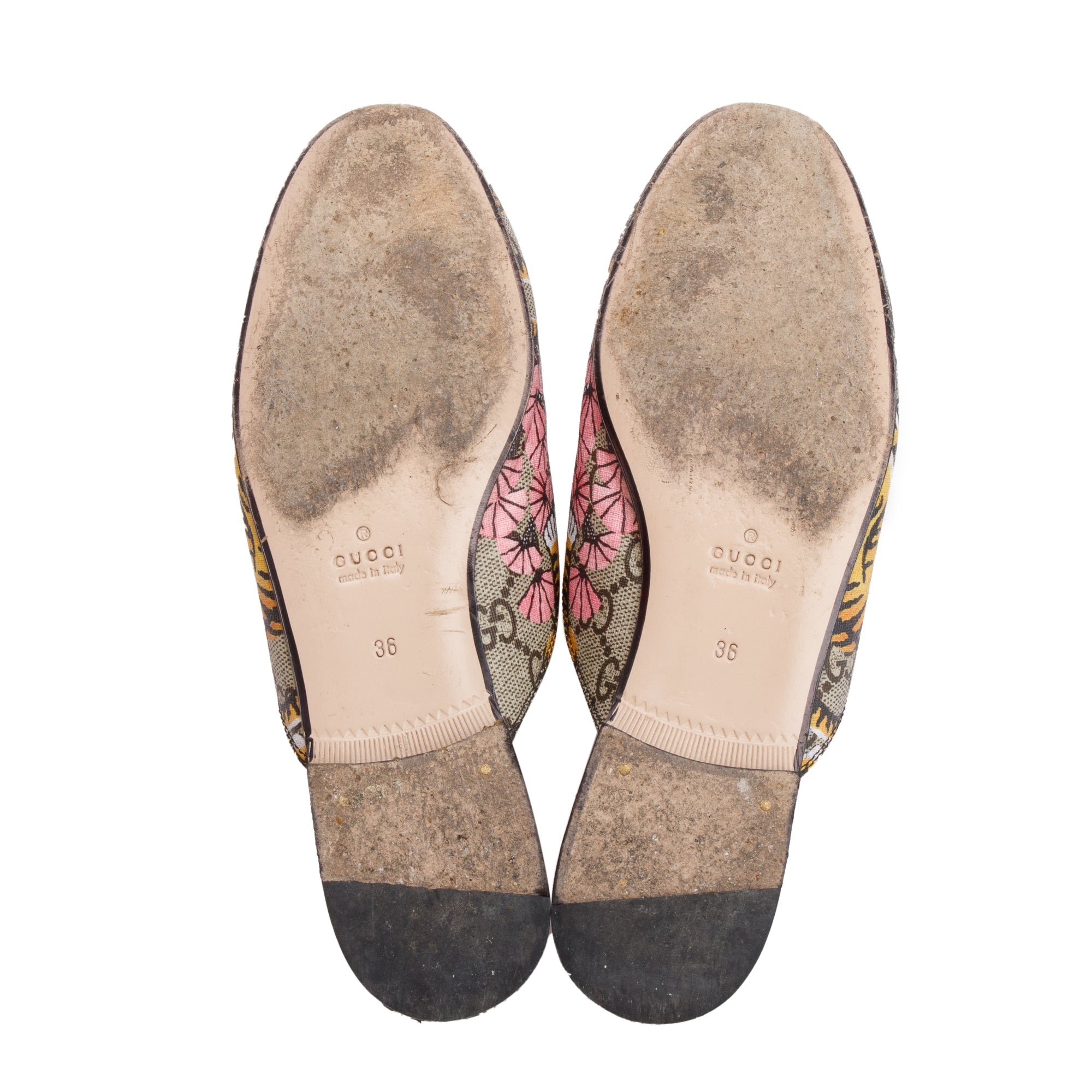 Gucci Tiger Print GG Supreme Horsebit Mules, Size 36