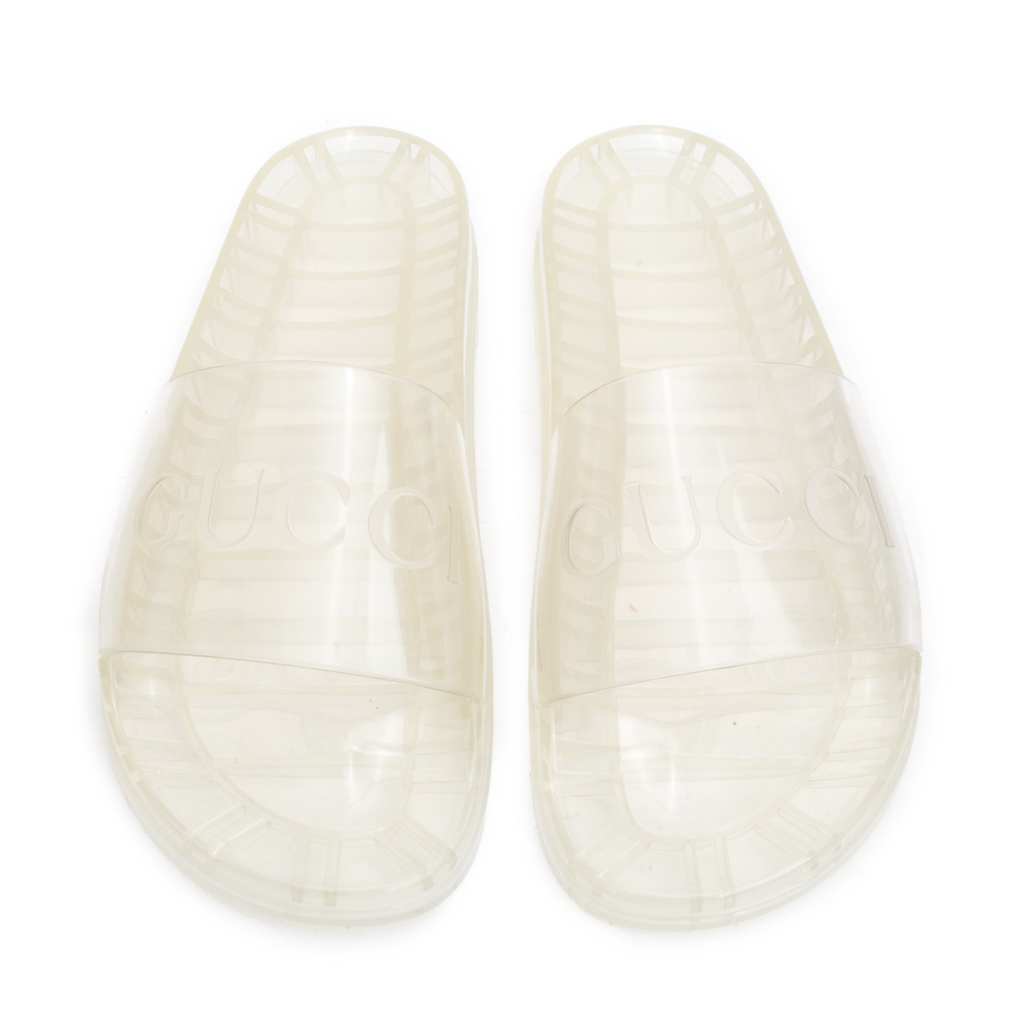 Gucci Transparent Rubber Logo Slides, Size 11 w/ Box
