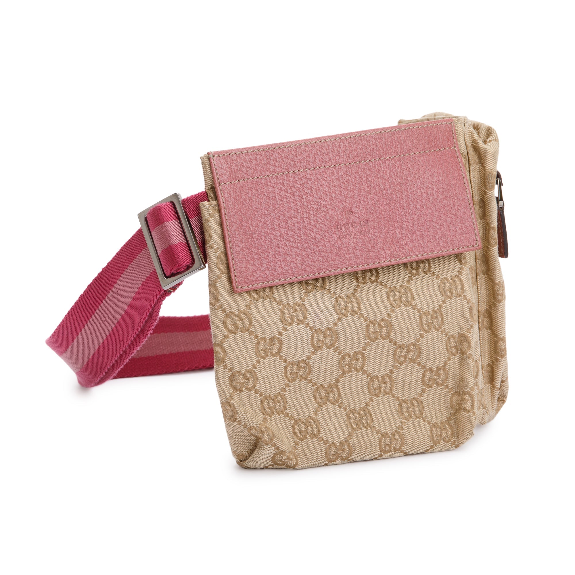 Gucci Vintage GG Canvas Pink Leather Double Pocket Belt Bag