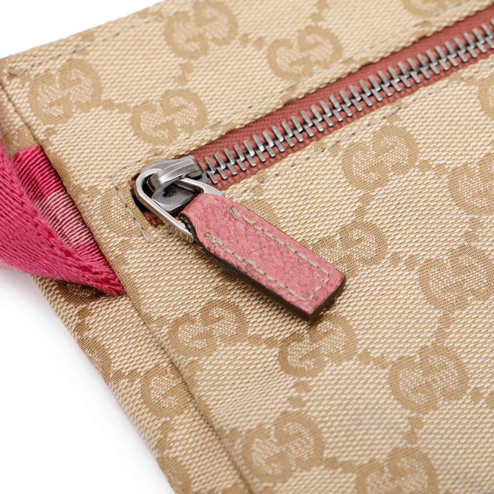 Gucci Vintage GG Canvas Pink Leather Double Pocket Belt Bag