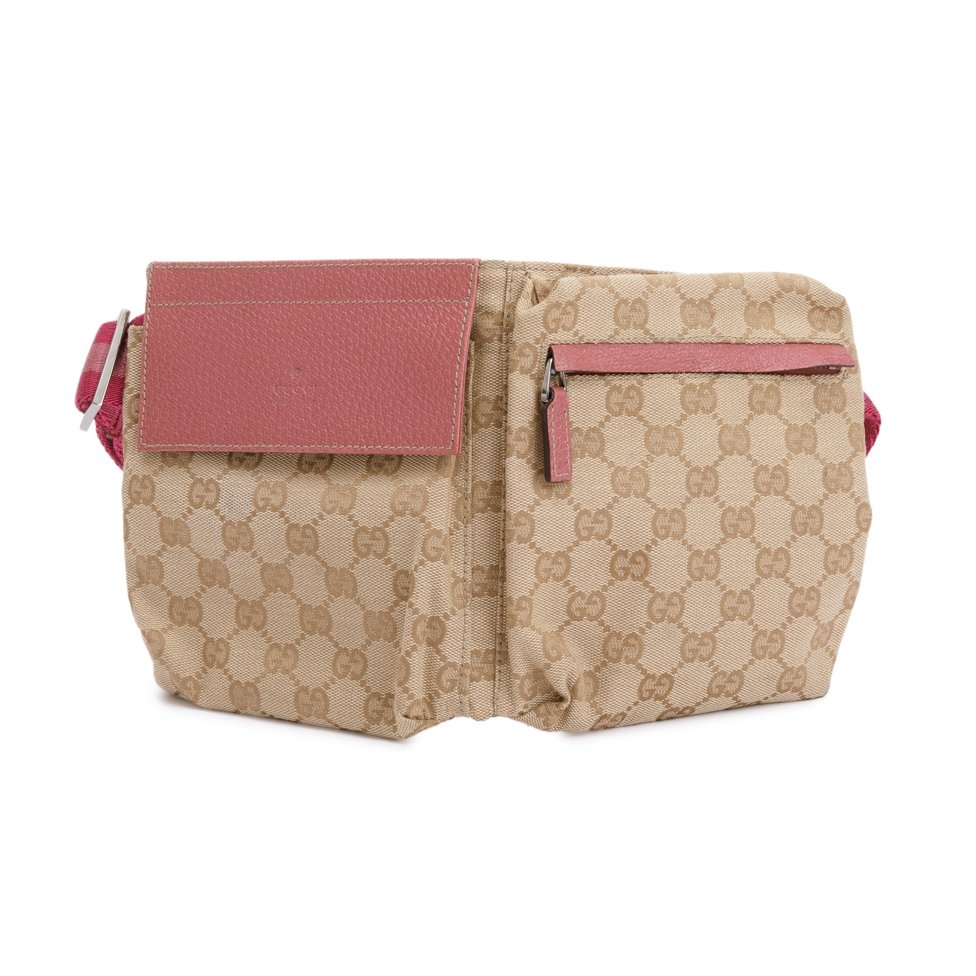 Gucci Vintage GG Canvas Pink Leather Double Pocket Belt Bag