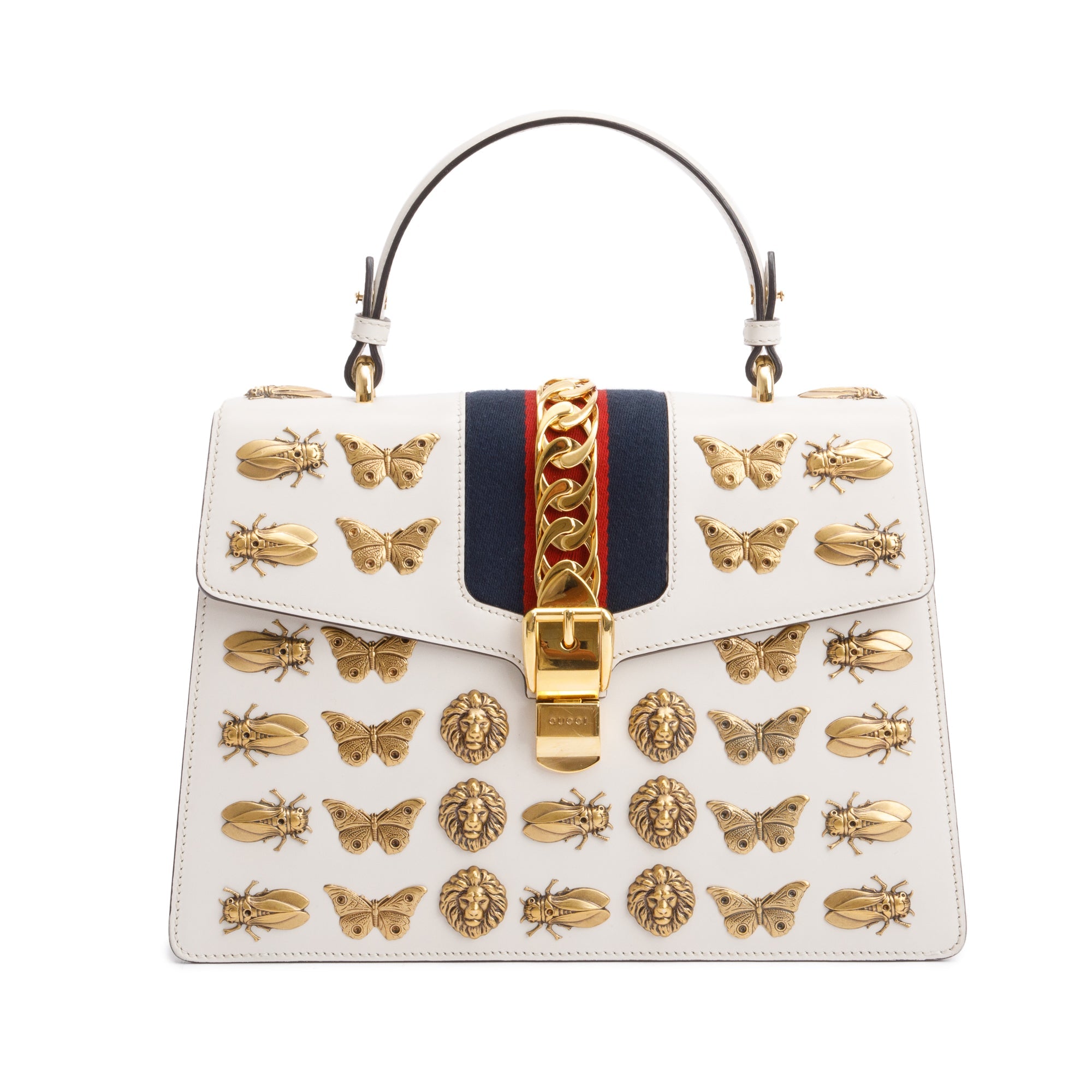 Gucci White Calfskin Leather Animal Studs Medium Sylvie Handle Bag
