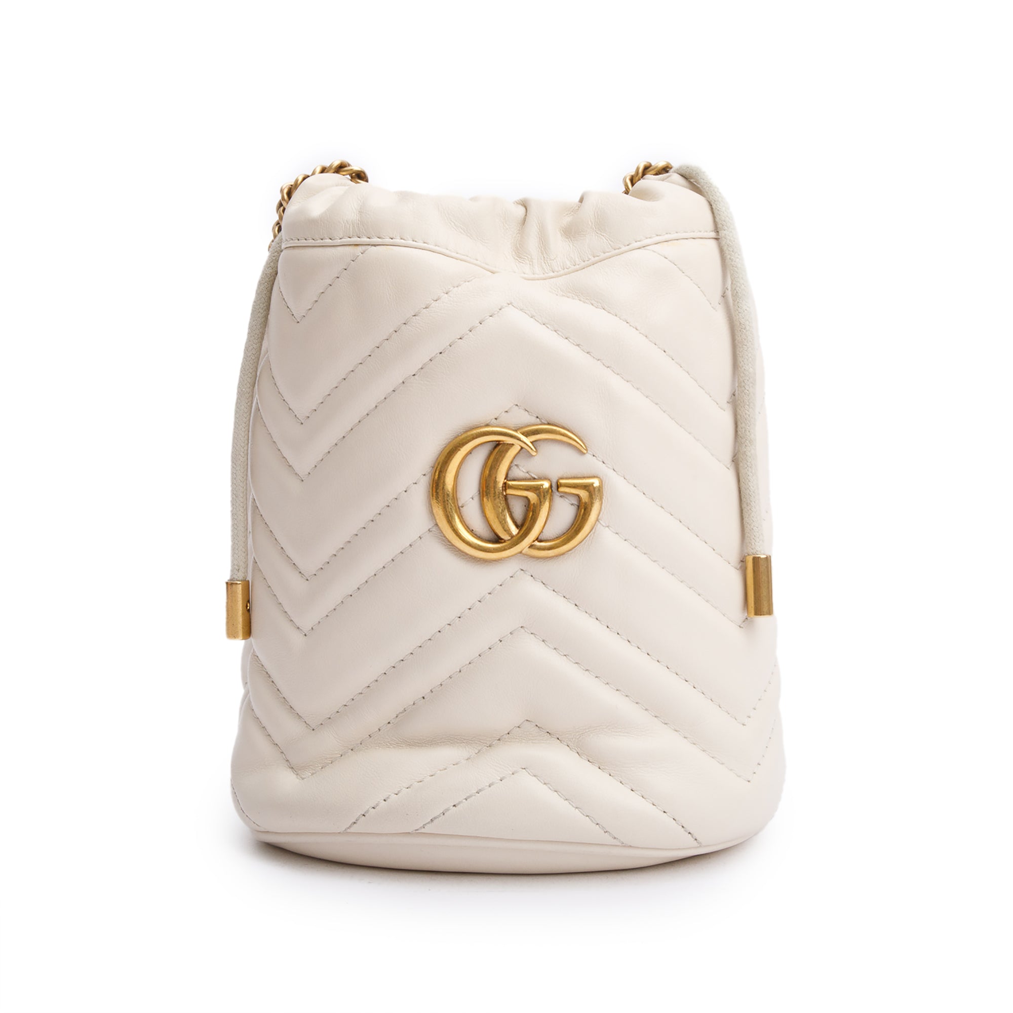 Gucci White Calfskin Leather GG Marmont Mini Bucket Bag