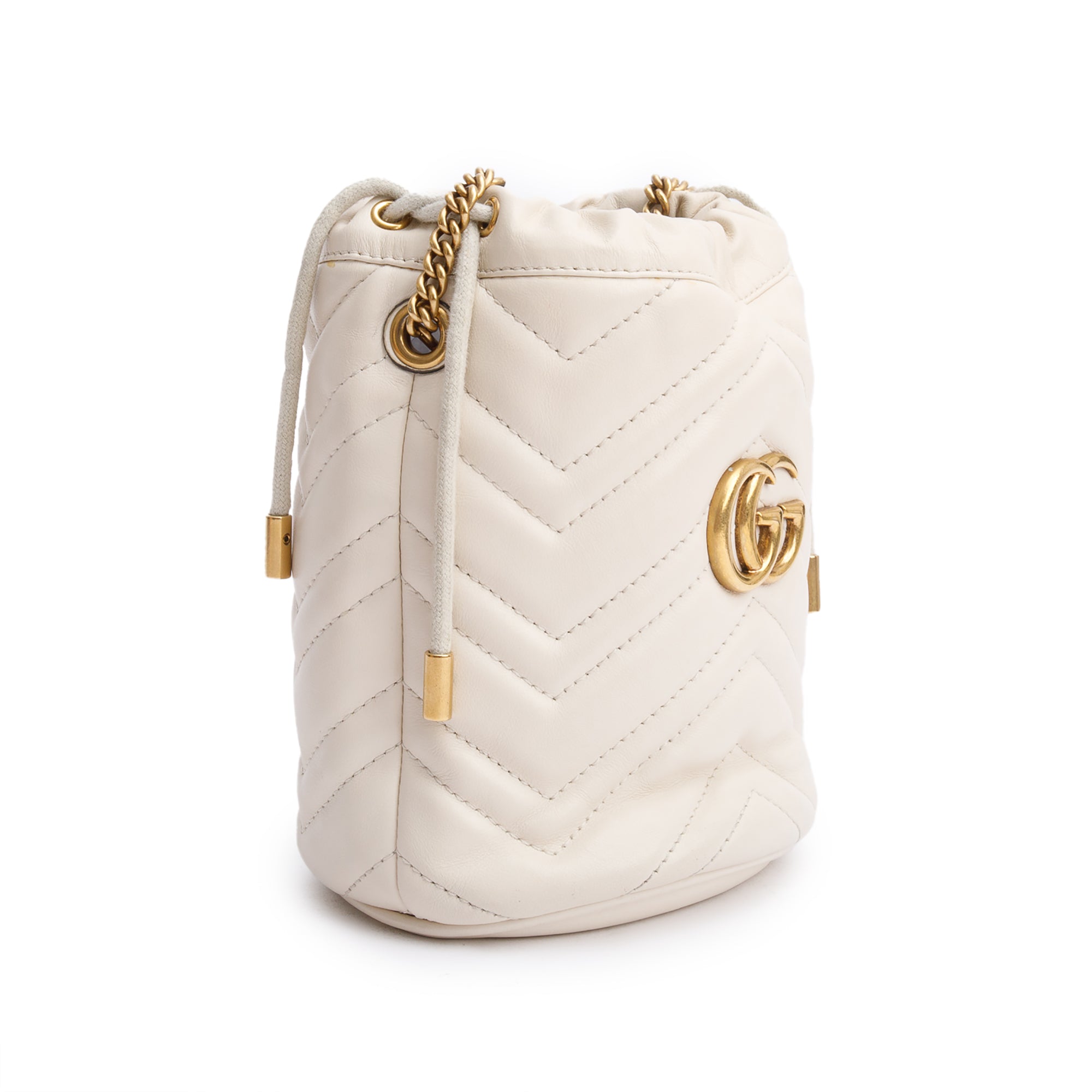 Gucci White Calfskin Leather GG Marmont Mini Bucket Bag