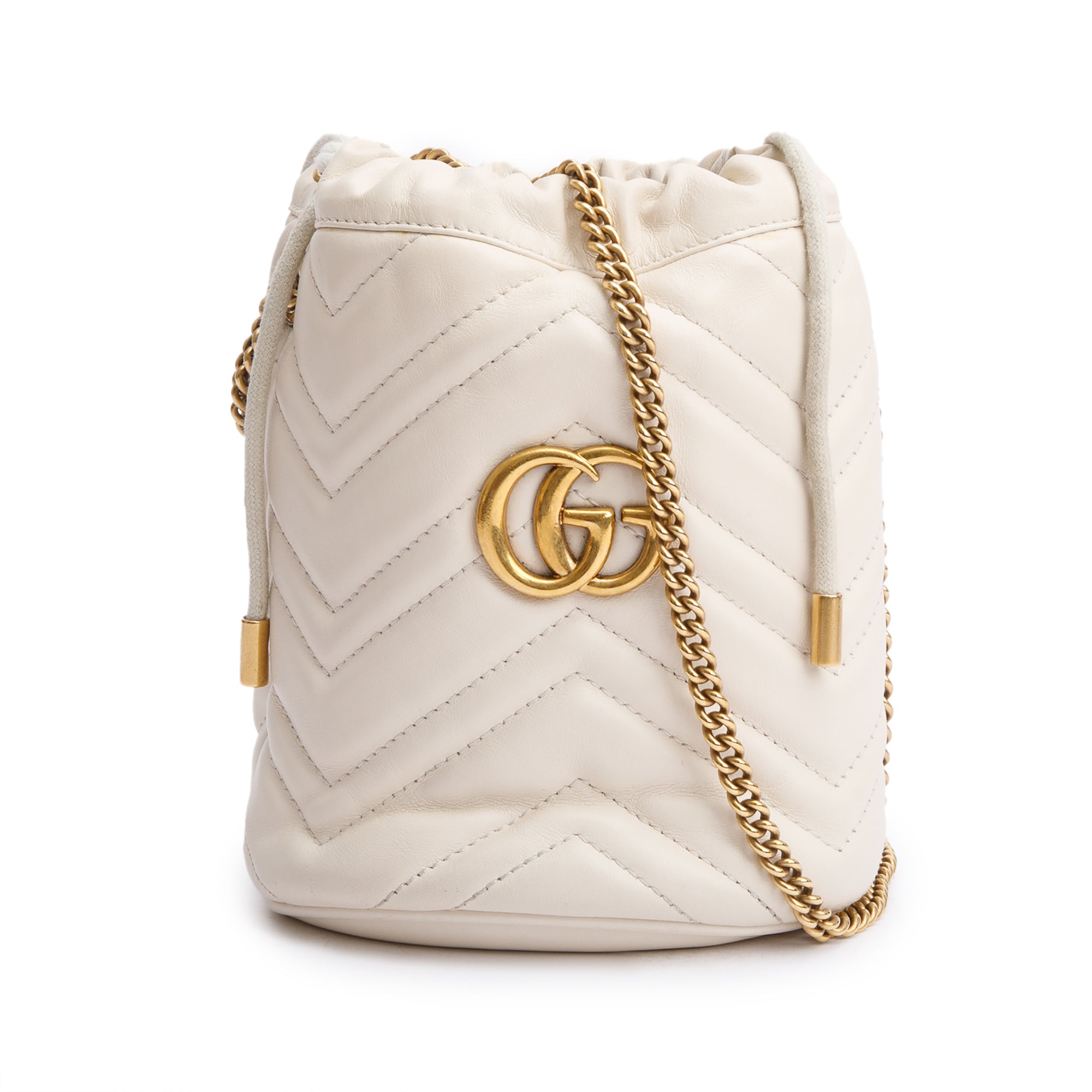 Gucci White Calfskin Leather GG Marmont Mini Bucket Bag