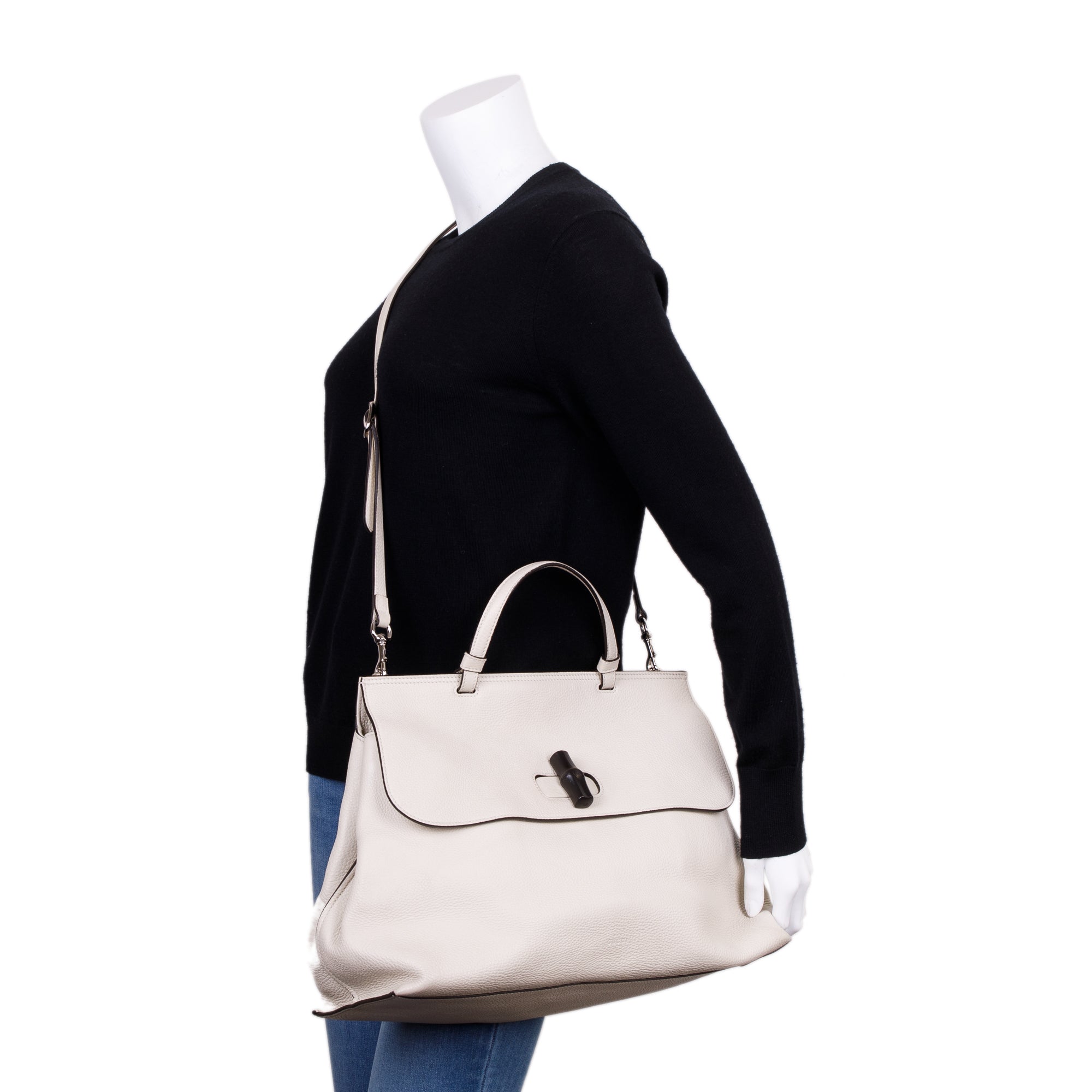 Gucci White Calfskin Leather Large Bamboo Daily Top Handle Bag w/ Strap