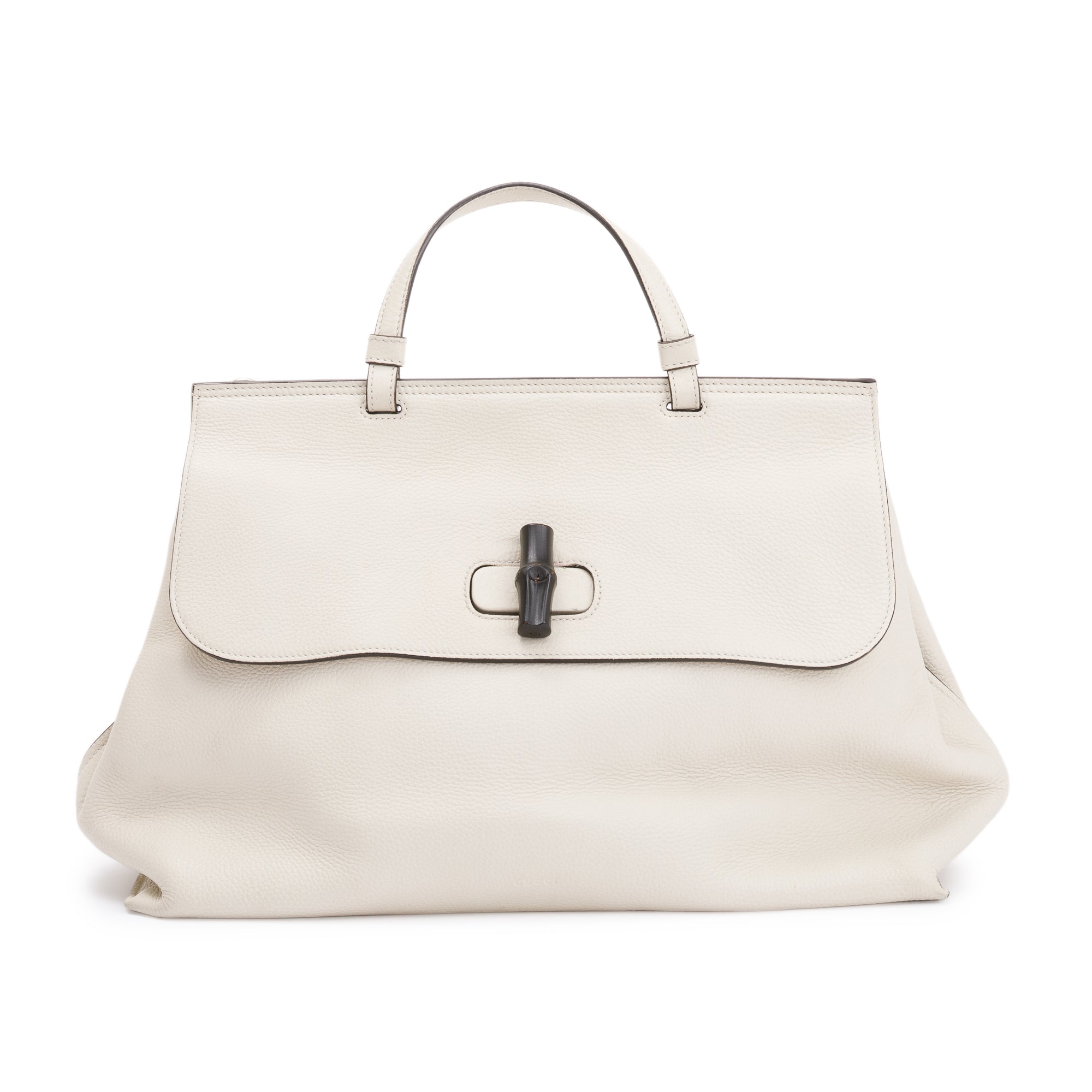 Gucci White Calfskin Leather Large Bamboo Daily Top Handle Bag w/ Strap