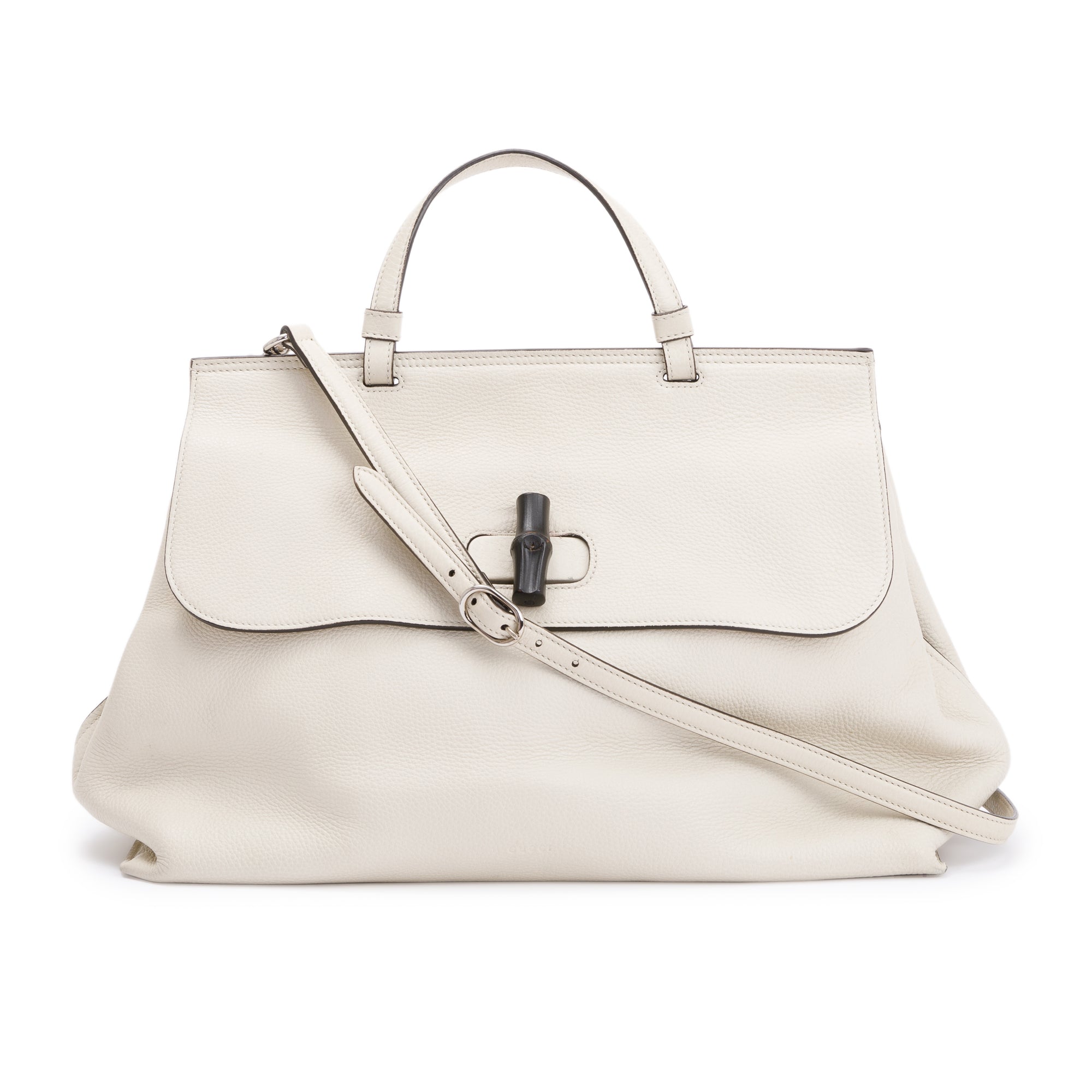 Gucci White Calfskin Leather Large Bamboo Daily Top Handle Bag w/ Strap