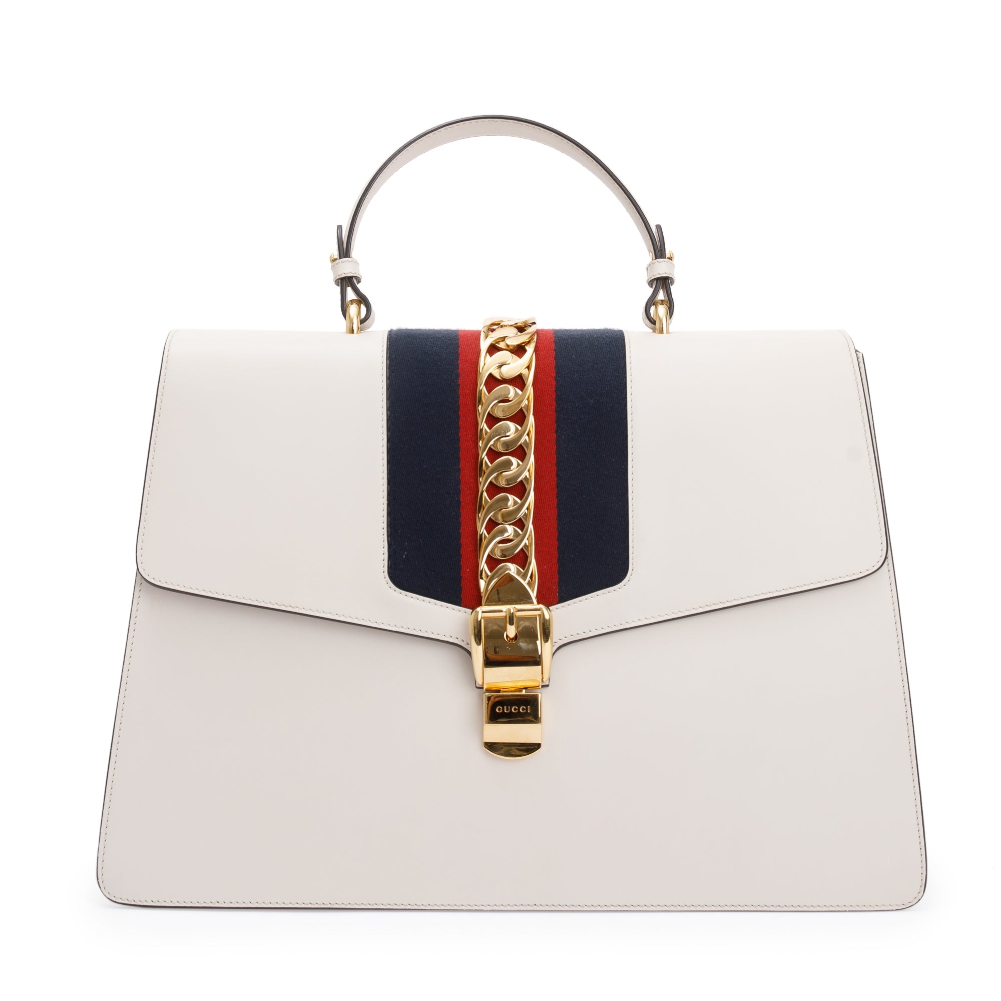 Gucci White Calfskin Leather Maxi Sylvie Handle Bag w/ Strap