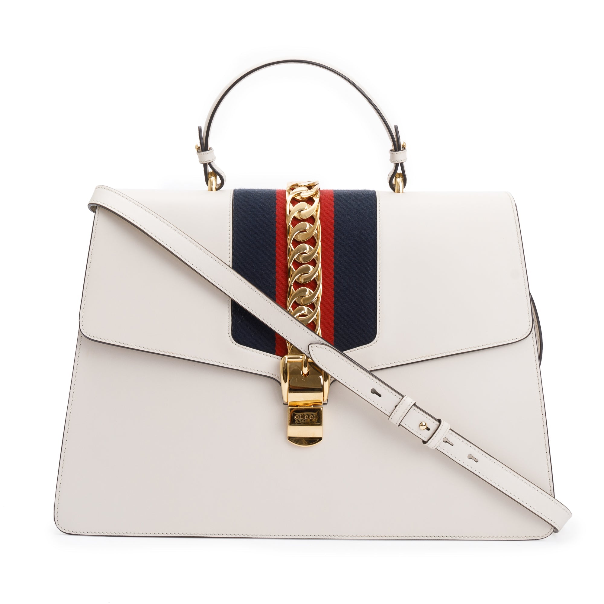 Gucci White Calfskin Leather Maxi Sylvie Handle Bag w/ Strap
