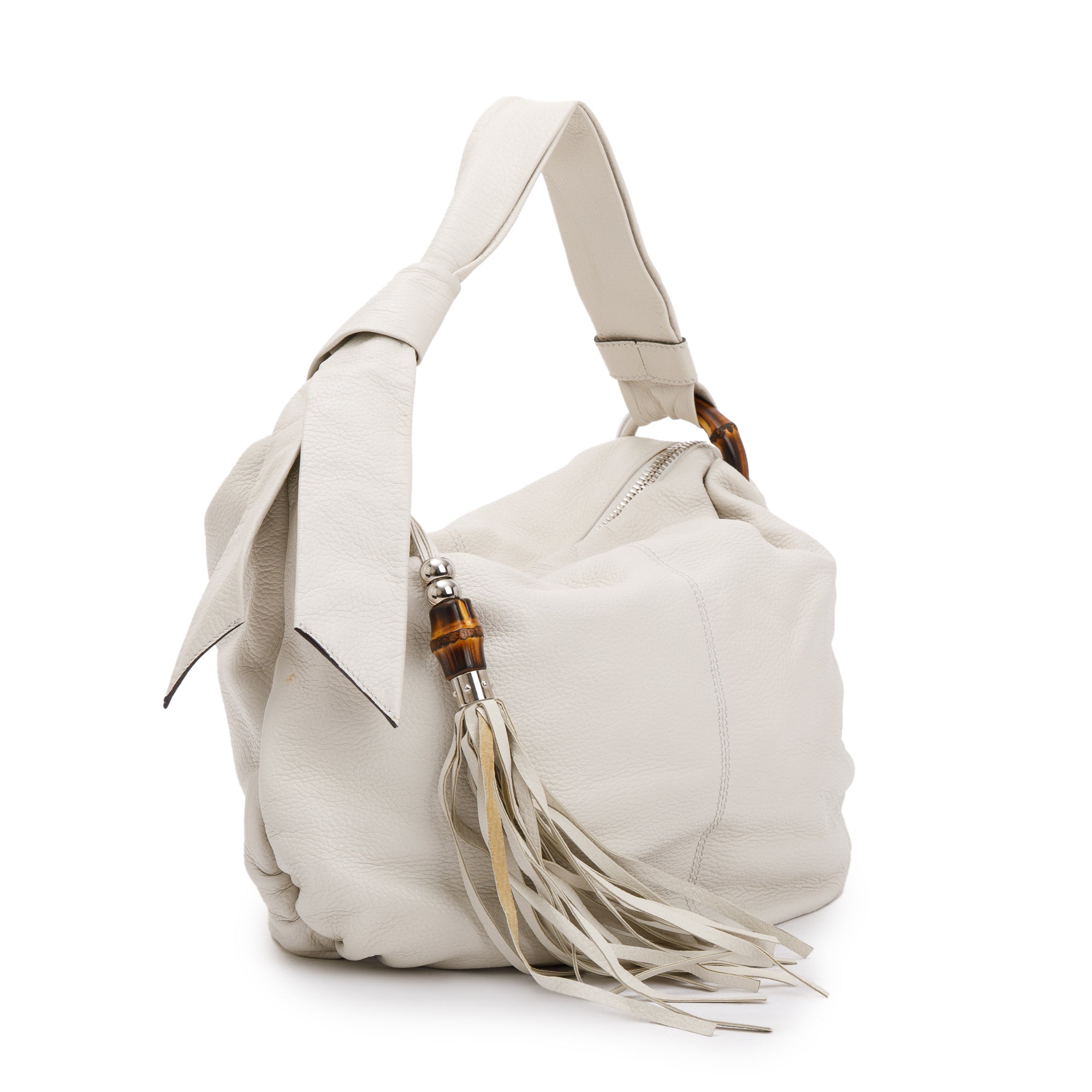Gucci White Calfskin Leather Medium Jungle Bamboo Hobo