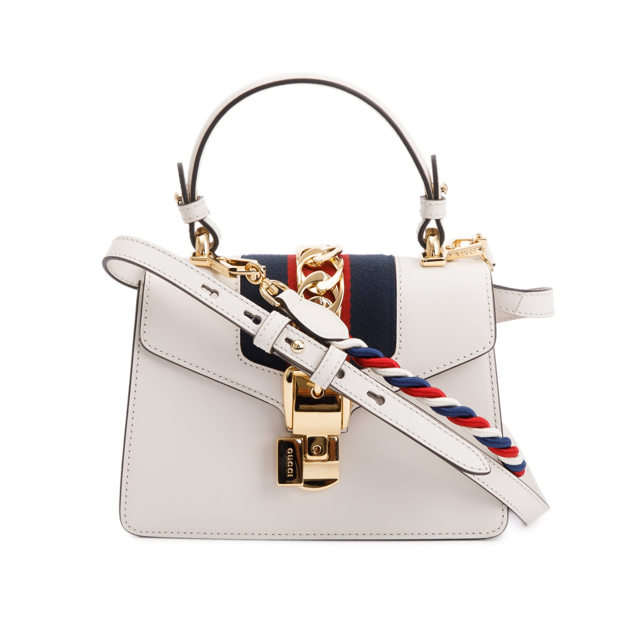 Gucci White Calfskin Leather Mini Sylvie Handle Bag w/ Straps