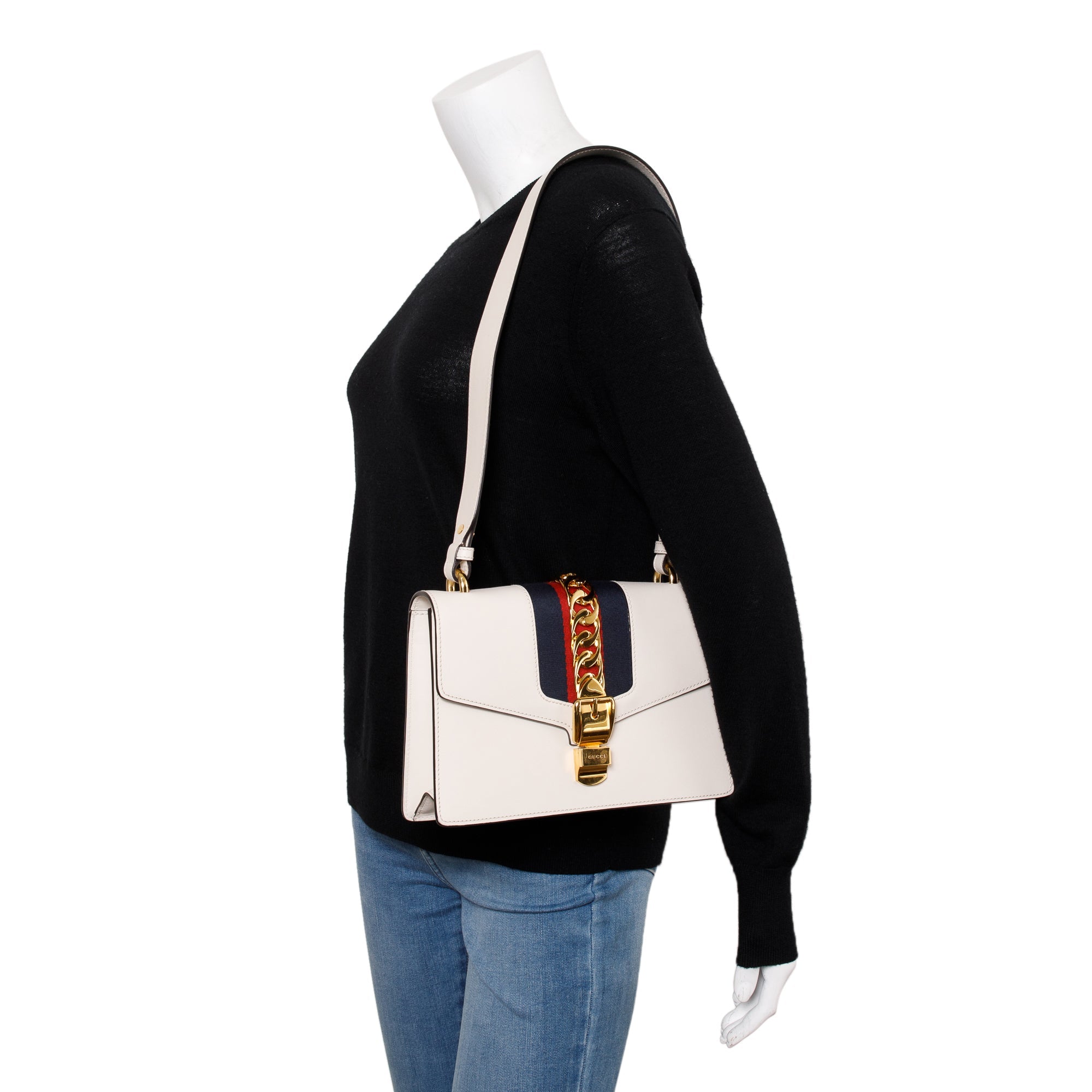 Gucci White Calfskin Leather Small Sylvie Handle Bag w/ Strap